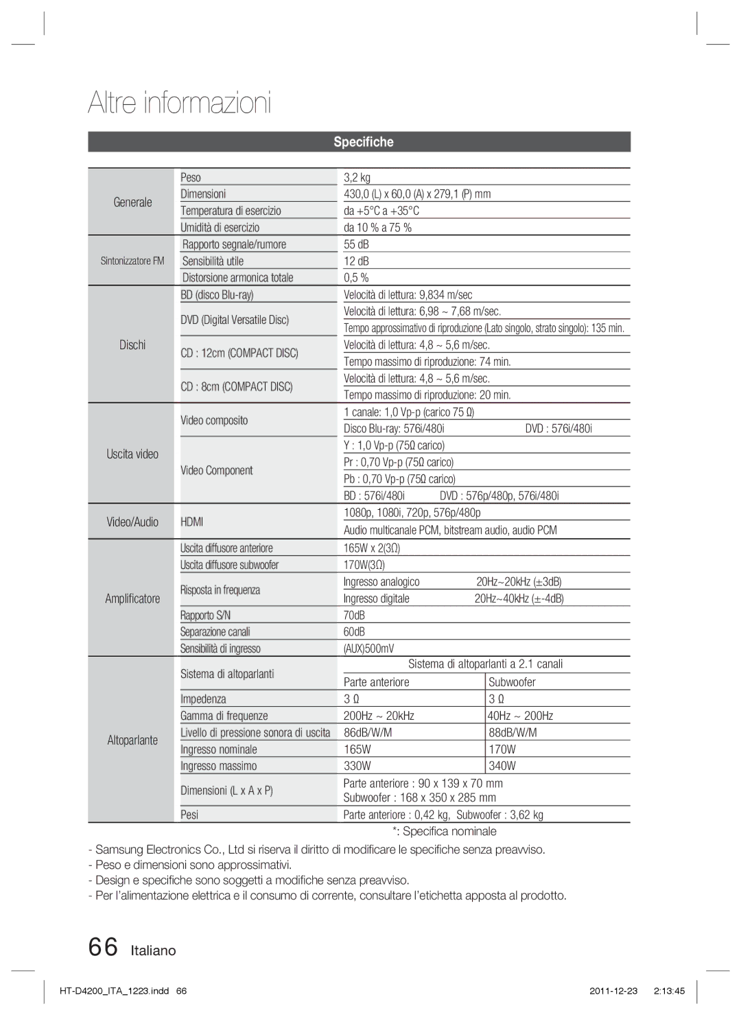 Samsung HT-D4200/ZF, HT-D4200/XN manual Speciﬁche, Generale, Ingresso digitale, Speciﬁca nominale, Disco Blu-ray 576i/480i 