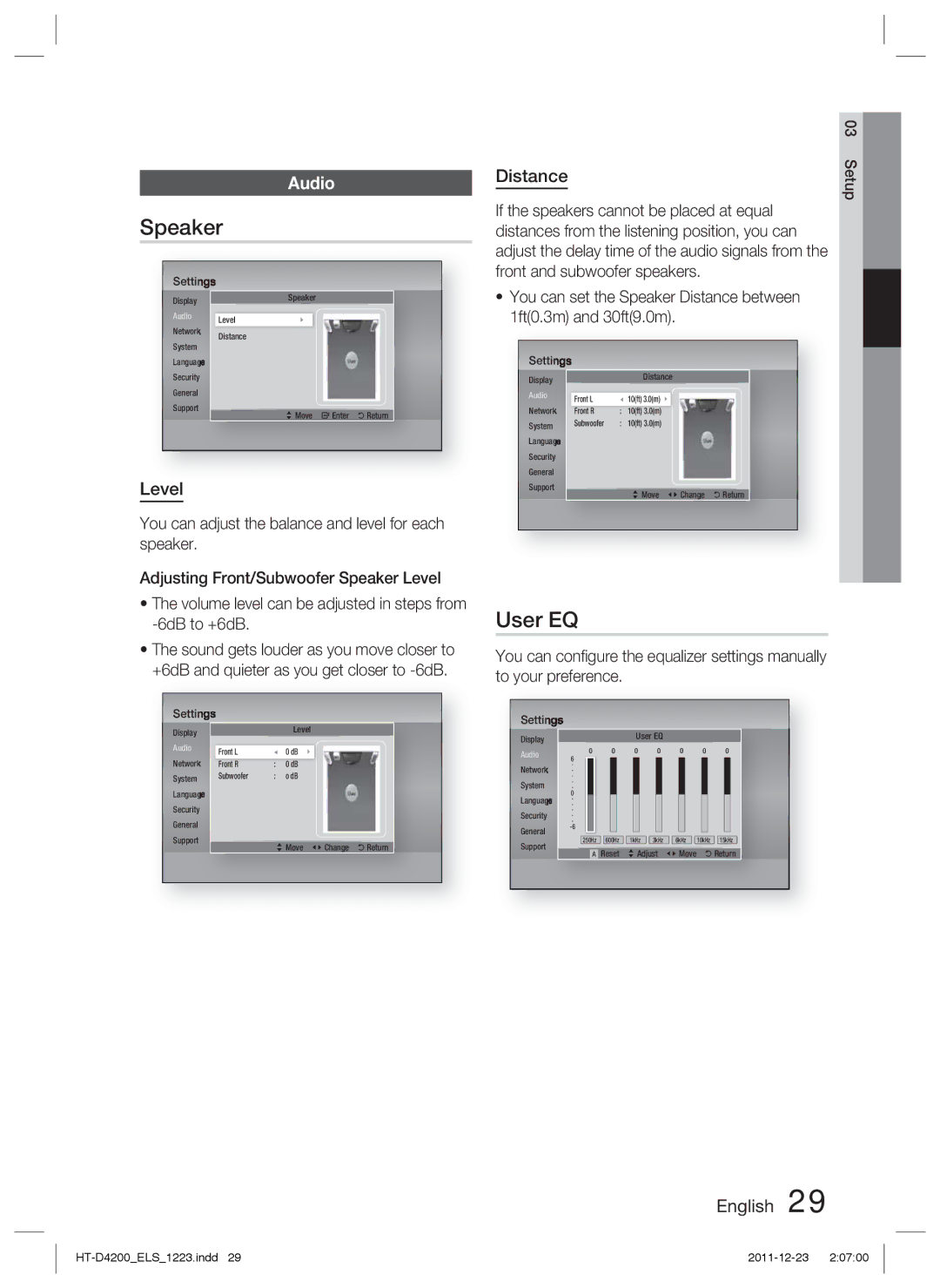 Samsung HT-D4200/EN, HT-D4200/XN, HT-D4200/ZF, HT-D4200/XE manual Speaker, User EQ, Audio, Level, Distance 