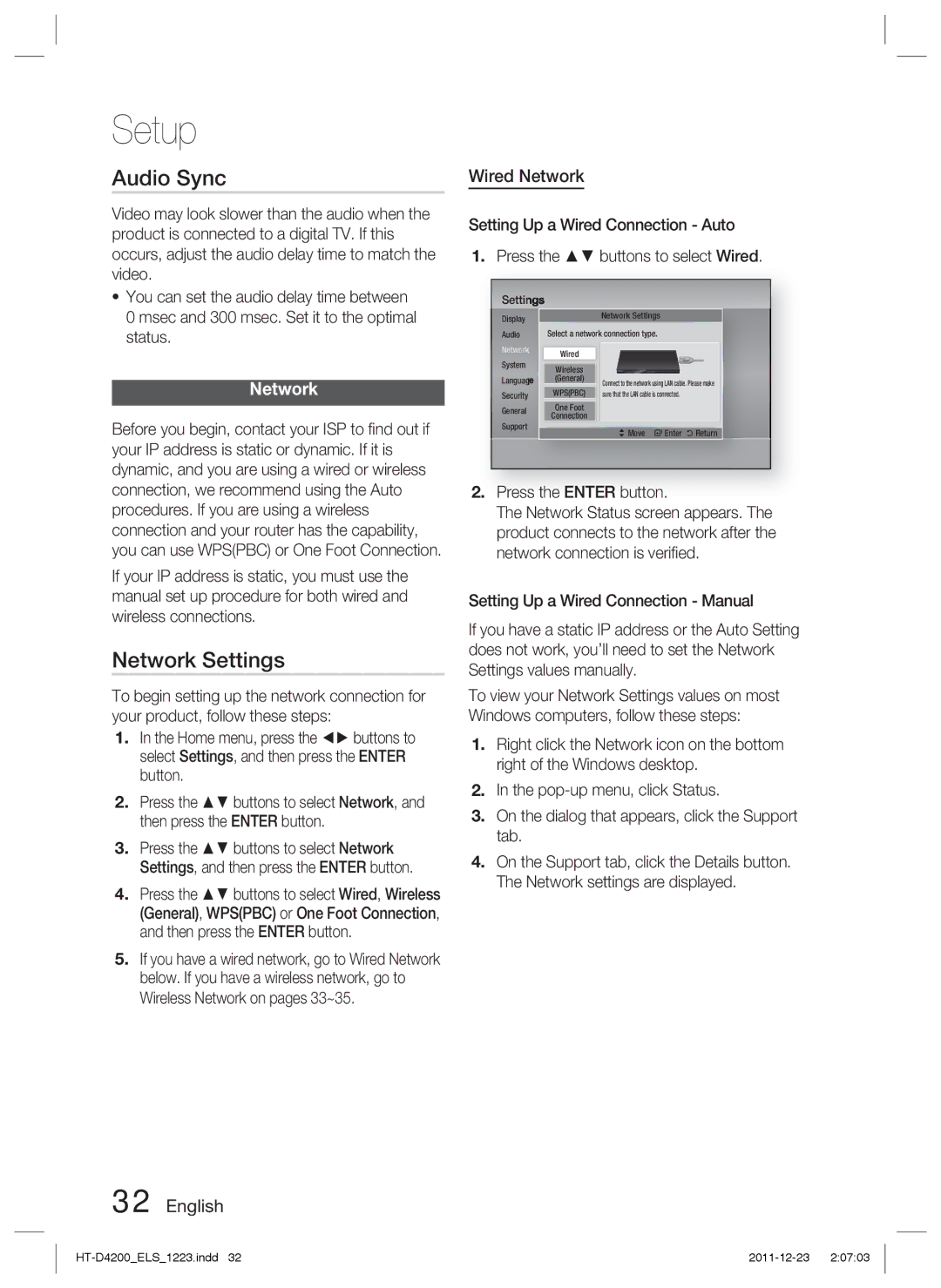 Samsung HT-D4200/XN, HT-D4200/EN, HT-D4200/ZF, HT-D4200/XE manual Audio Sync, Network Settings, Wired Network 