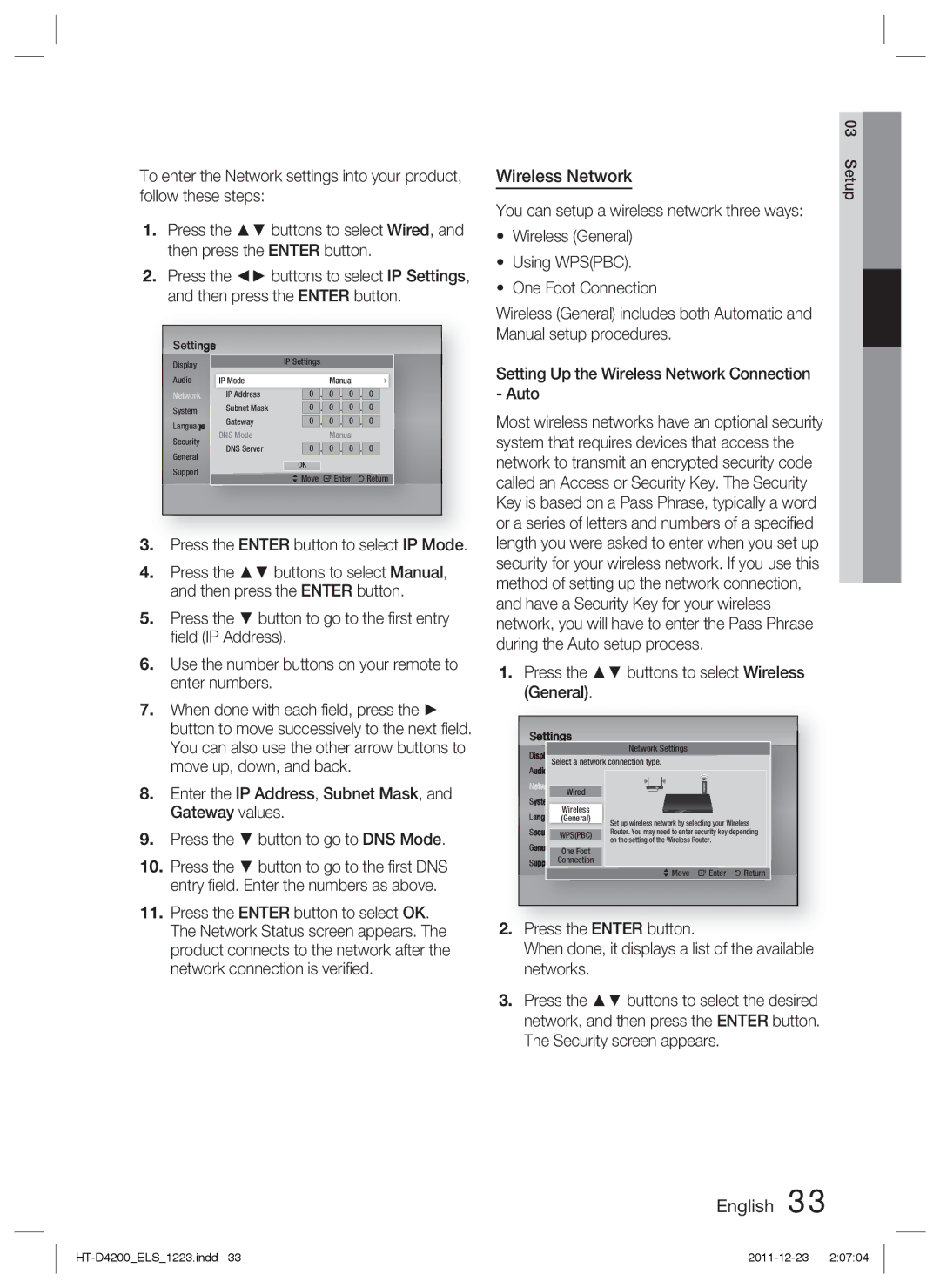 Samsung HT-D4200/EN manual Setting Up the Wireless Network Connection Auto, Press the Enter button to select IP Mode 