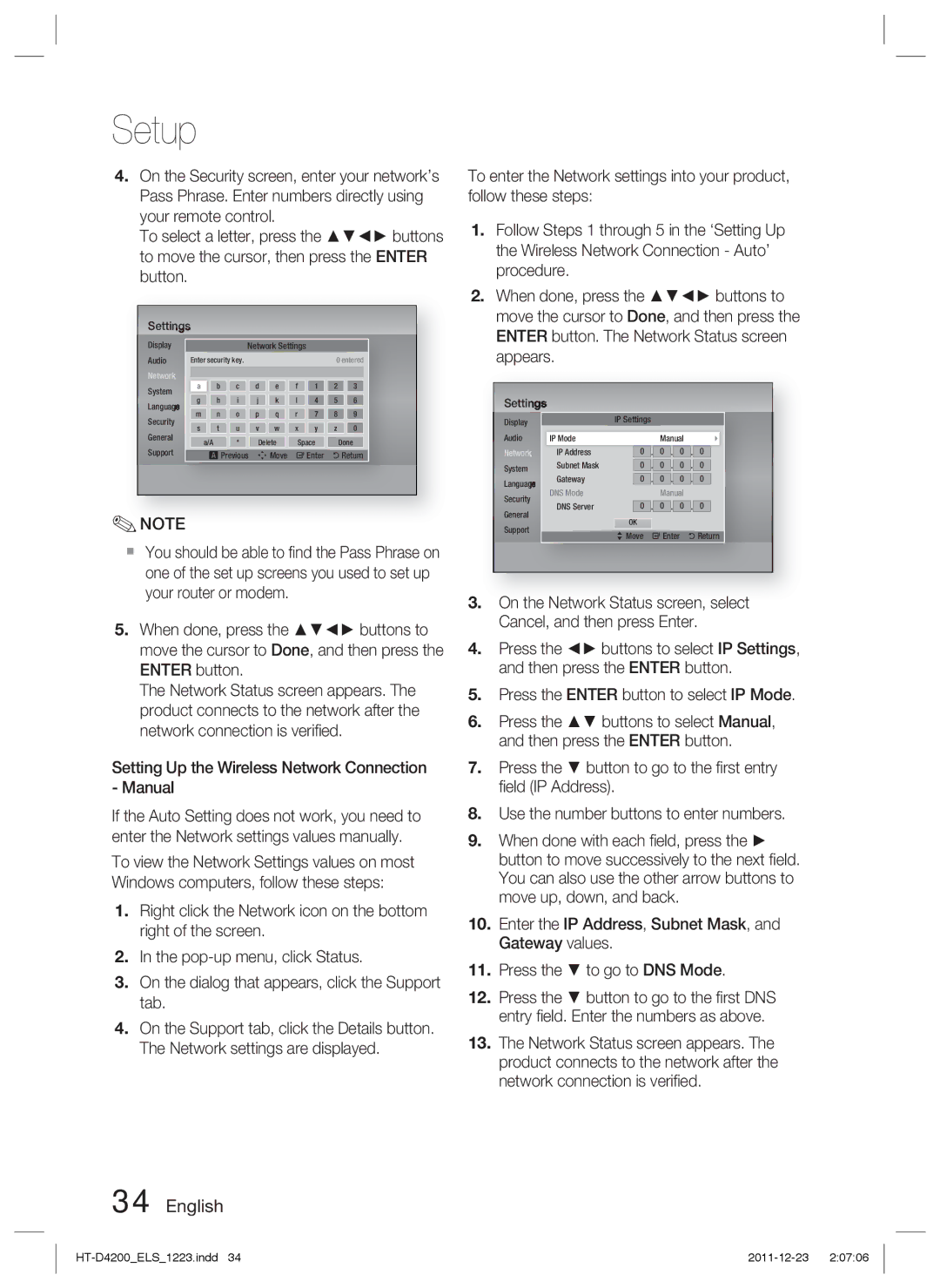 Samsung HT-D4200/ZF, HT-D4200/XN, HT-D4200/EN, HT-D4200/XE manual Setting Up the Wireless Network Connection Manual 