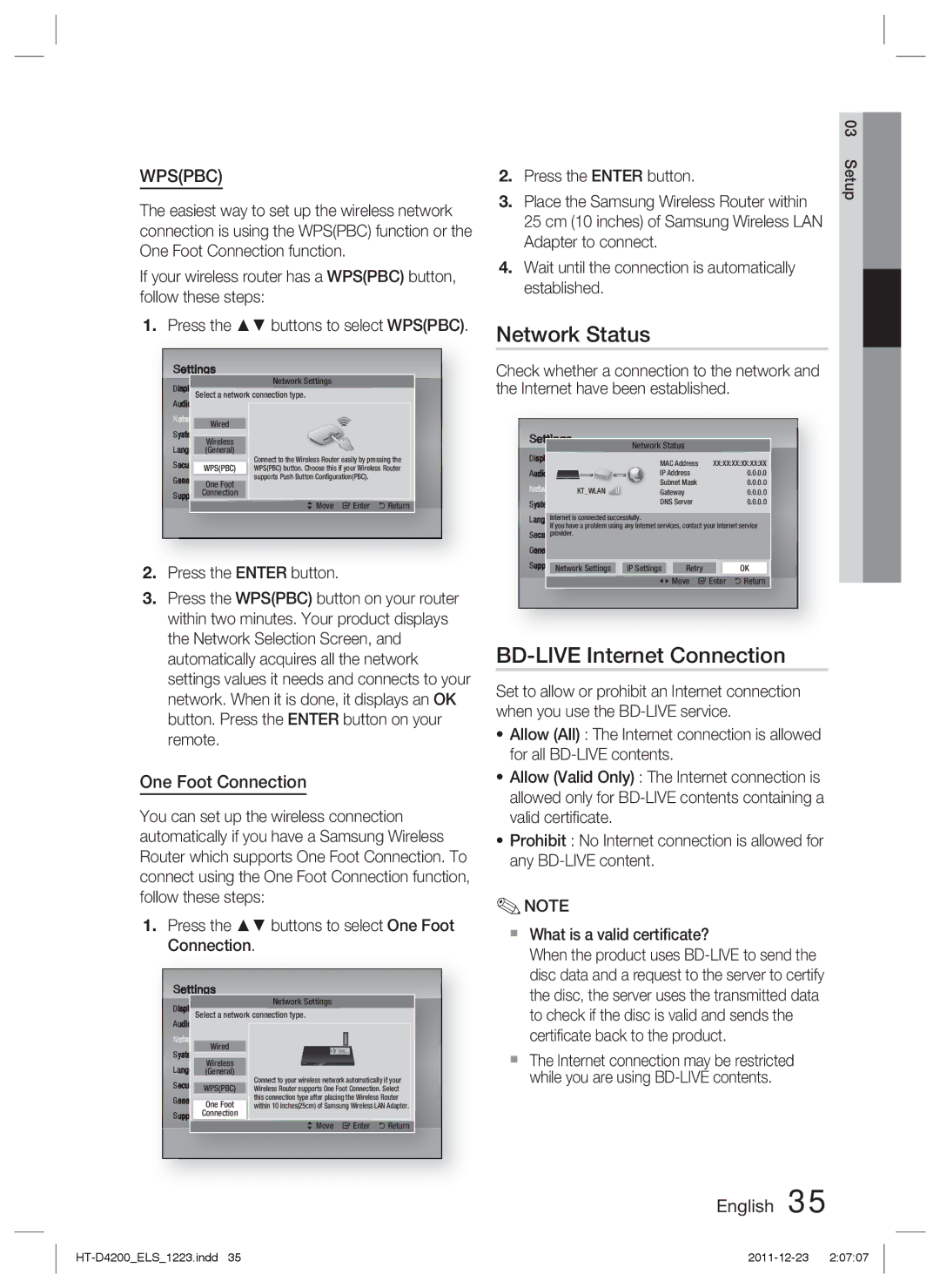 Samsung HT-D4200/XE, HT-D4200/XN Network Status, BD-LIVE Internet Connection, One Foot Connection, Press the Enter button 