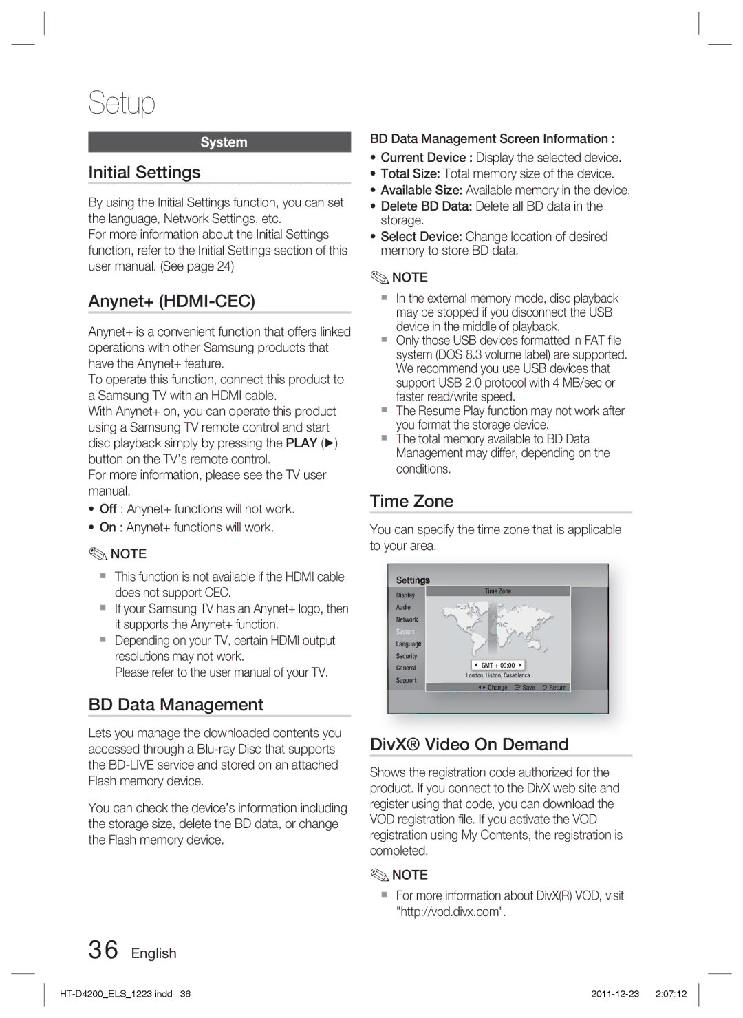 Samsung HT-D4200/XN, HT-D4200/EN Initial Settings, Anynet+ HDMI-CEC, BD Data Management, Time Zone, DivX Video On Demand 