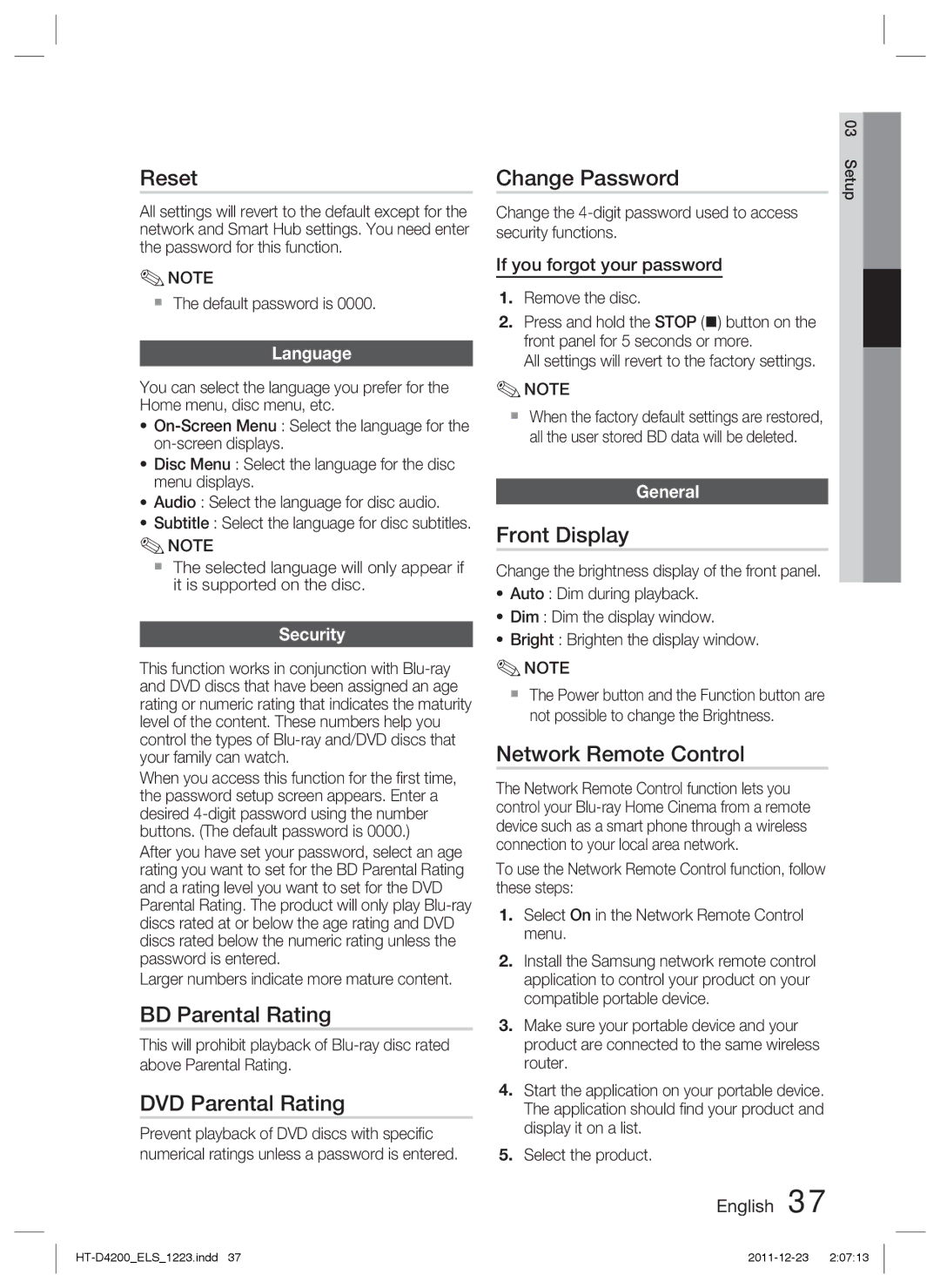 Samsung HT-D4200/EN Reset, BD Parental Rating, DVD Parental Rating, Change Password, Front Display, Network Remote Control 