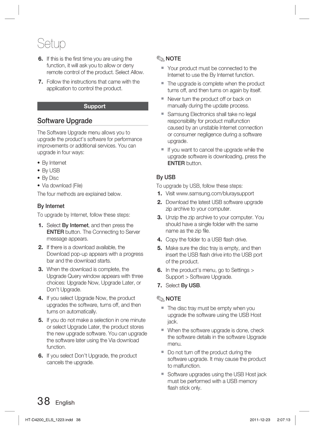 Samsung HT-D4200/ZF, HT-D4200/XN, HT-D4200/EN, HT-D4200/XE manual Software Upgrade, Support, By Internet, By USB 