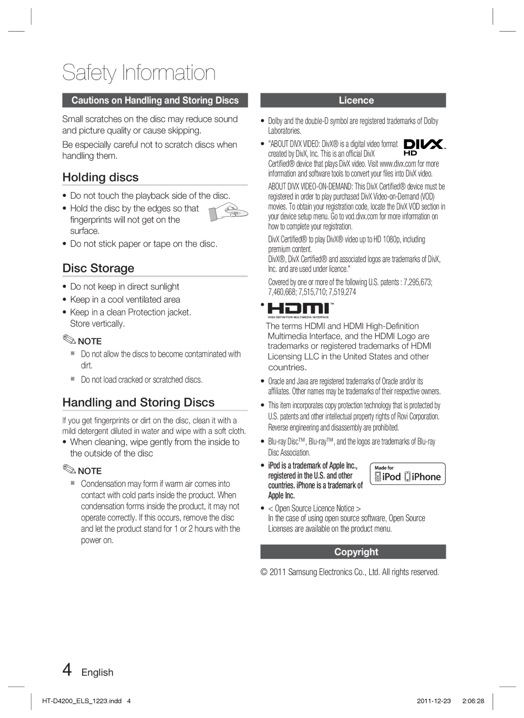 Samsung HT-D4200/XN, HT-D4200/EN, HT-D4200/ZF Holding discs, Disc Storage, Handling and Storing Discs, Licence, Copyright 