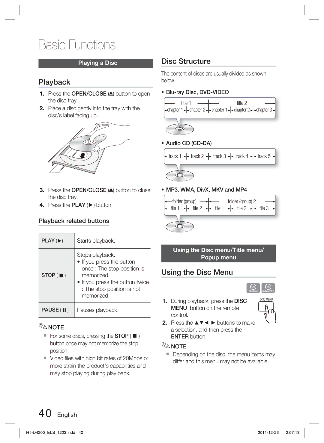 Samsung HT-D4200/XN, HT-D4200/EN, HT-D4200/ZF, HT-D4200/XE Basic Functions, Playback, Disc Structure, Using the Disc Menu 