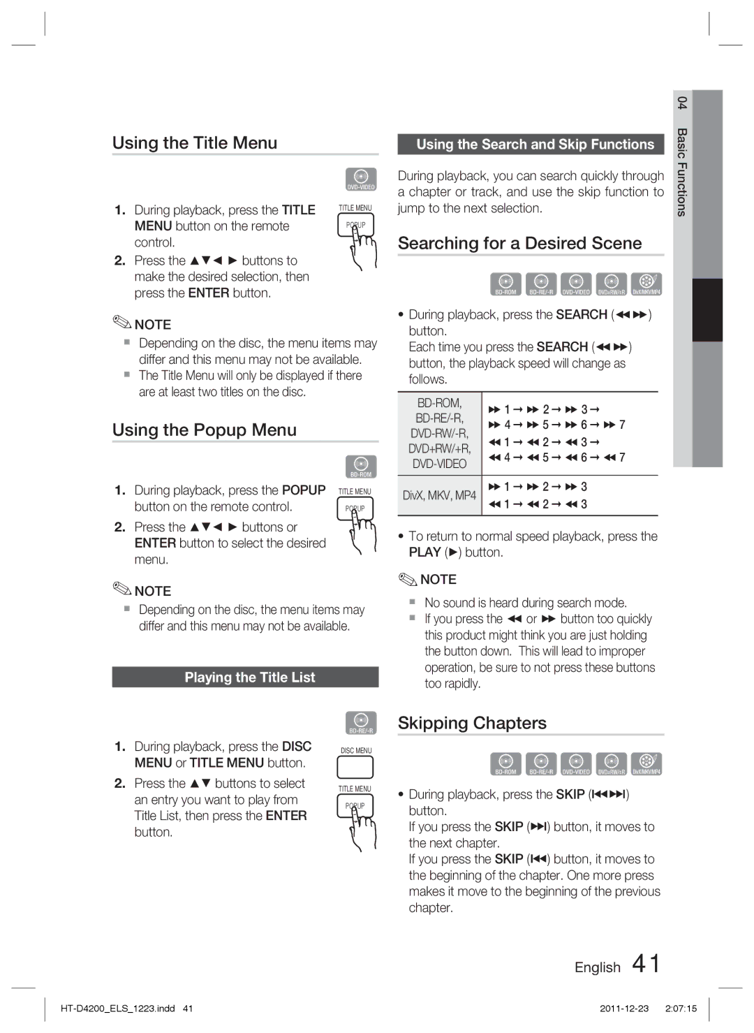 Samsung HT-D4200/EN manual Using the Title Menu, Searching for a Desired Scene, Using the Popup Menu, Skipping Chapters 