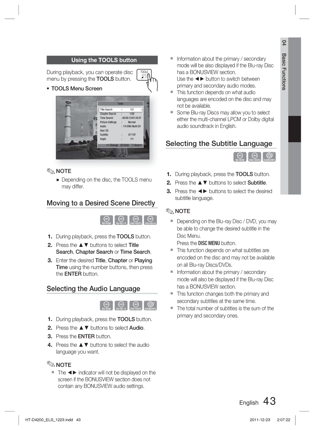 Samsung HT-D4200/XE Moving to a Desired Scene Directly, Selecting the Audio Language, Selecting the Subtitle Language 