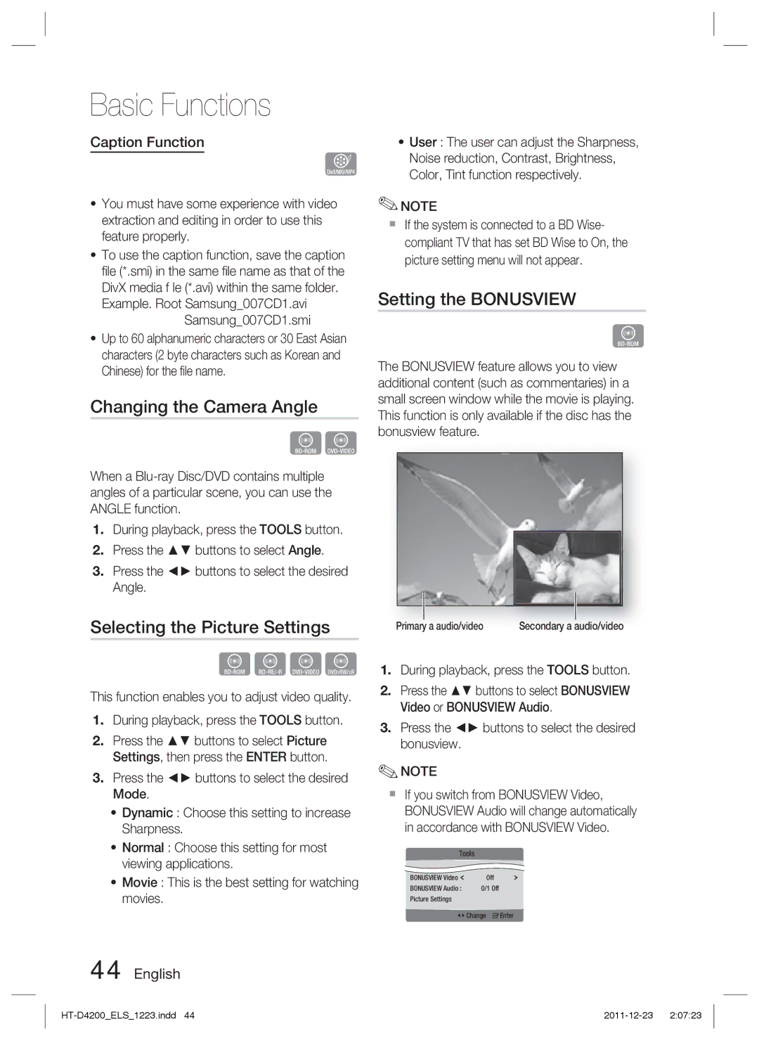 Samsung HT-D4200/XN Changing the Camera Angle, Selecting the Picture Settings, Setting the Bonusview, Caption Function 