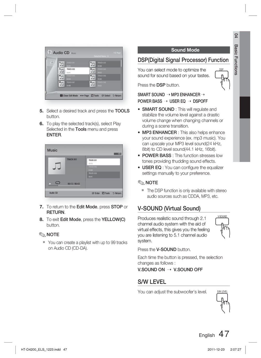 Samsung HT-D4200/XE, HT-D4200/XN, HT-D4200/EN manual Sound Virtual Sound, DSPDigital Signal Processor Function, Sound Mode 