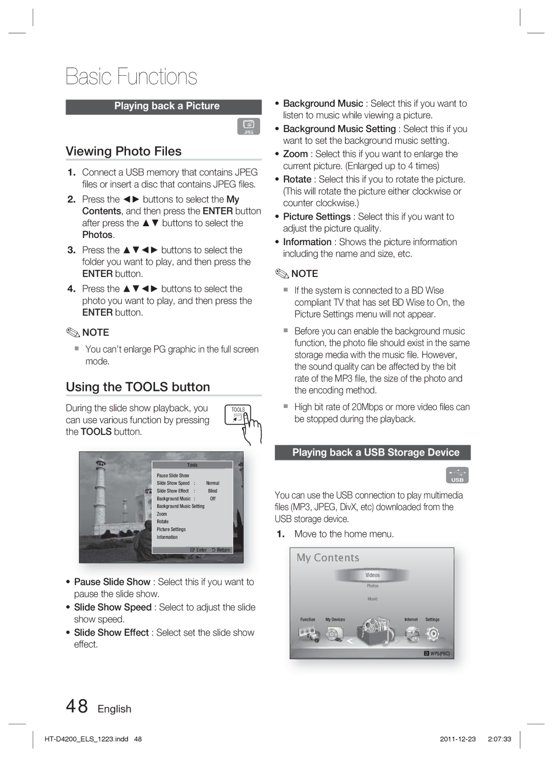 Samsung HT-D4200/XN Viewing Photo Files, Using the Tools button, Playing back a Picture, Playing back a USB Storage Device 