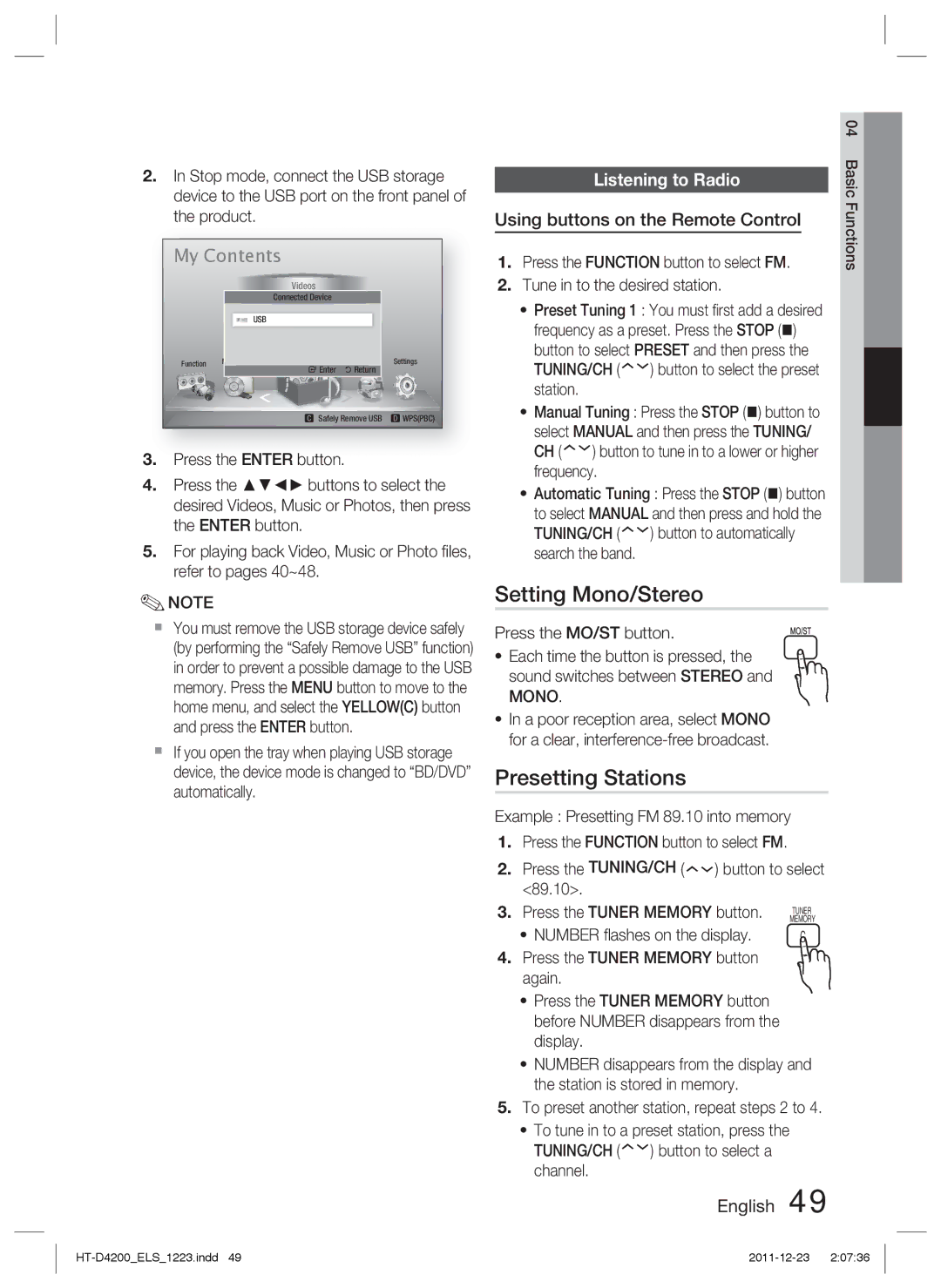 Samsung HT-D4200/EN Setting Mono/Stereo, Presetting Stations, Listening to Radio, Using buttons on the Remote Control 