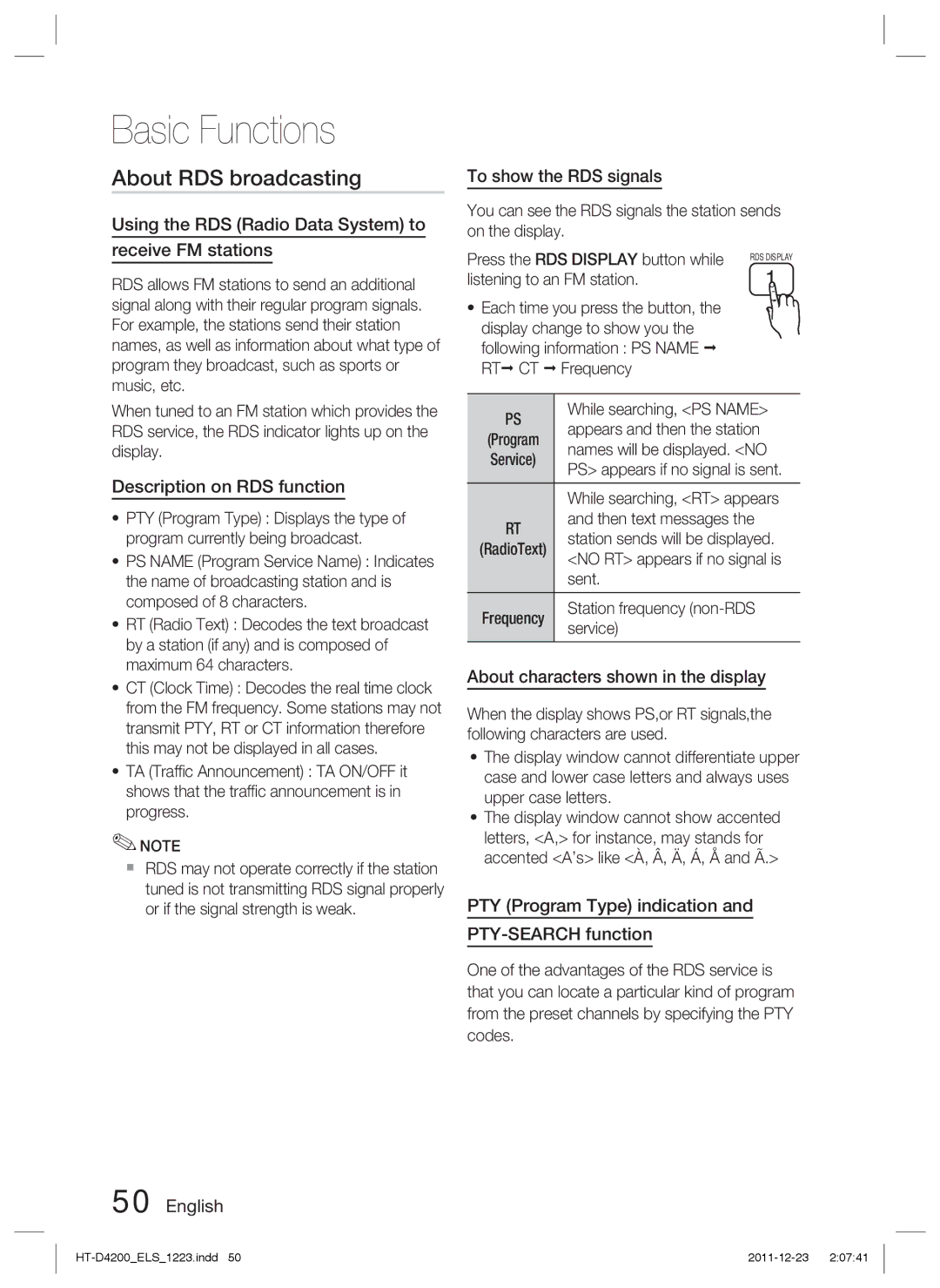 Samsung HT-D4200/ZF, HT-D4200/XN, HT-D4200/EN, HT-D4200/XE manual About RDS broadcasting 