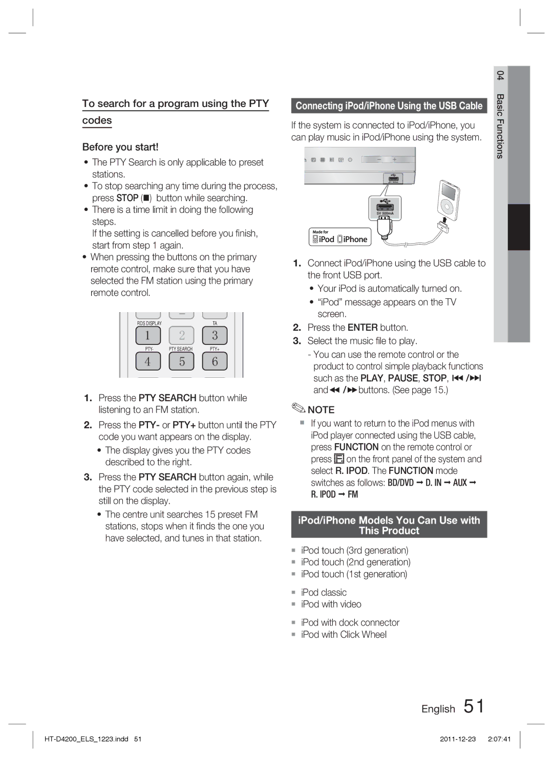 Samsung HT-D4200/XE, HT-D4200/XN, HT-D4200/EN, HT-D4200/ZF manual IPod/iPhone Models You Can Use with This Product 