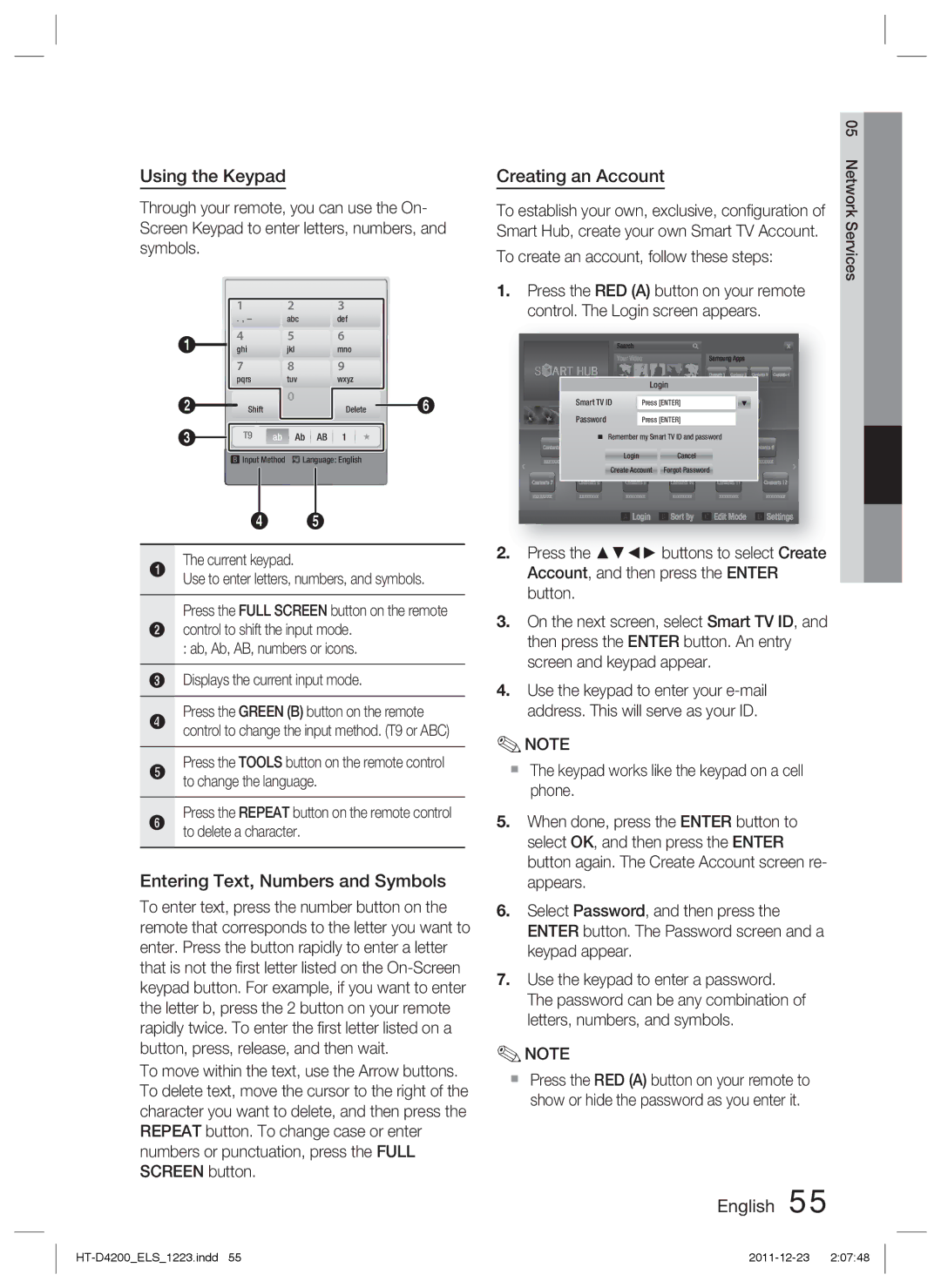 Samsung HT-D4200/XE, HT-D4200/XN Using the Keypad, Entering Text, Numbers and Symbols, Creating an Account, Current keypad 