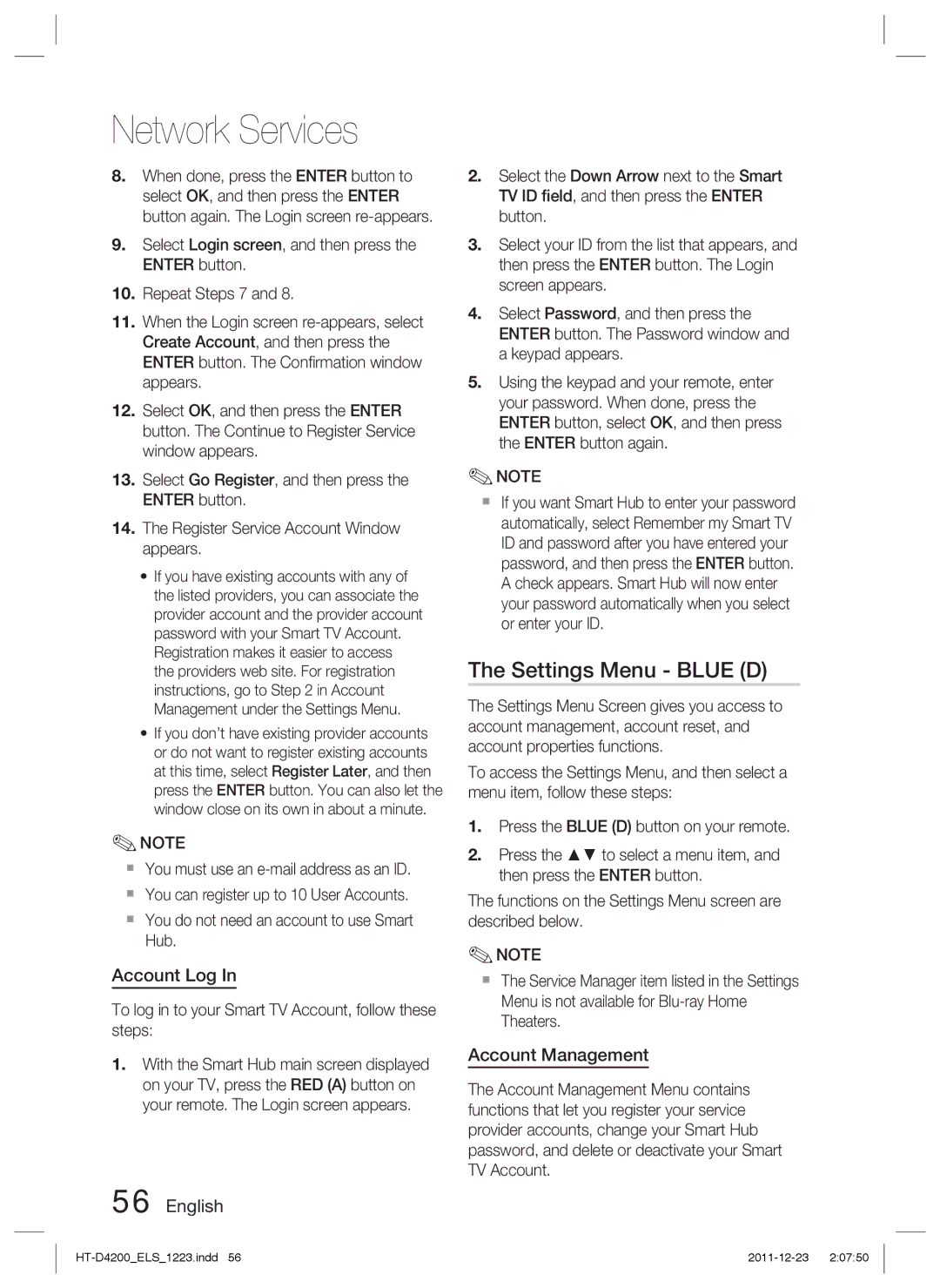 Samsung HT-D4200/XN, HT-D4200/EN, HT-D4200/ZF, HT-D4200/XE manual Settings Menu Blue D, Account Log, Account Management 