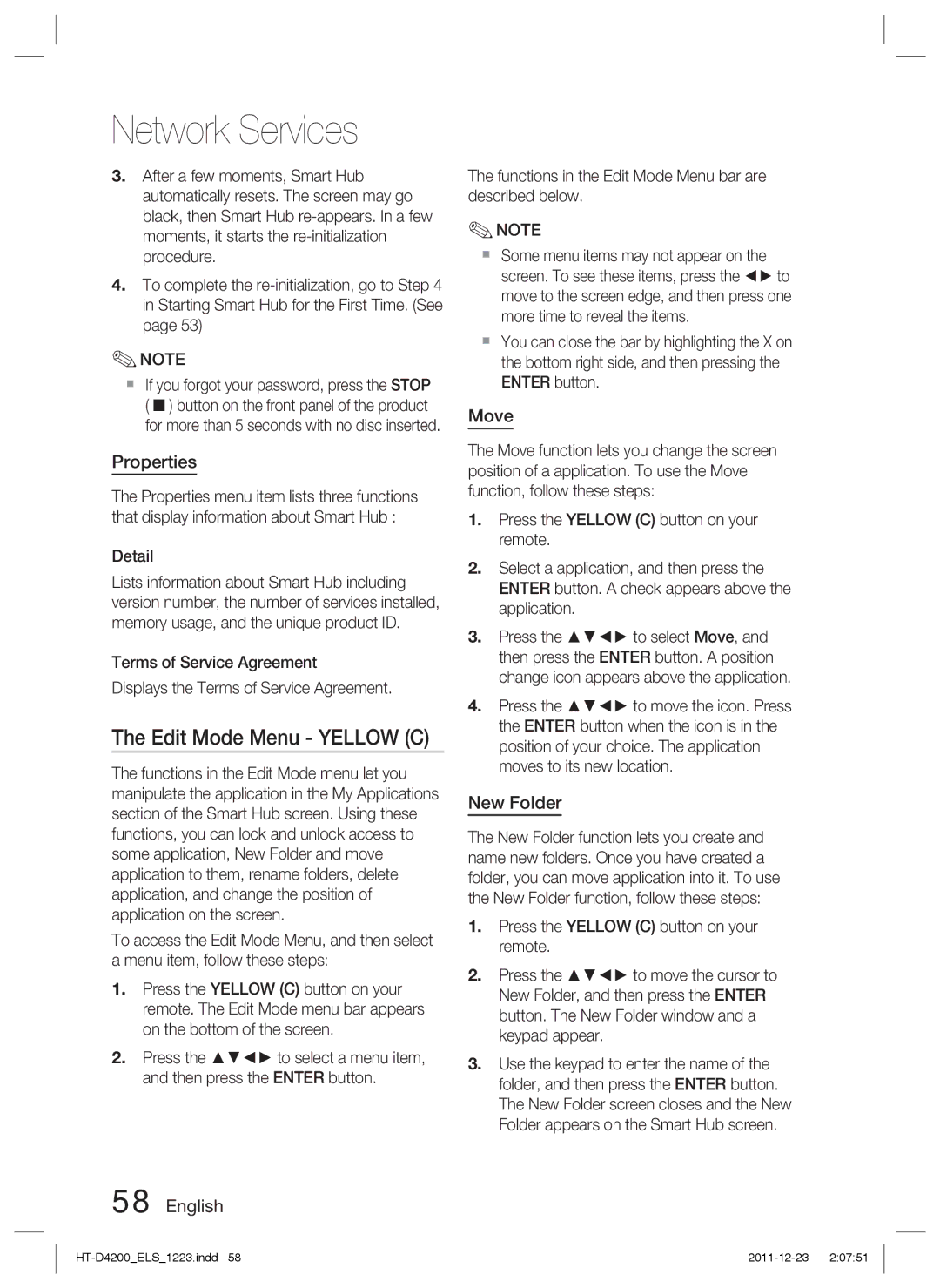 Samsung HT-D4200/ZF, HT-D4200/XN, HT-D4200/EN, HT-D4200/XE Edit Mode Menu Yellow C, Properties, Move, New Folder, Detail 