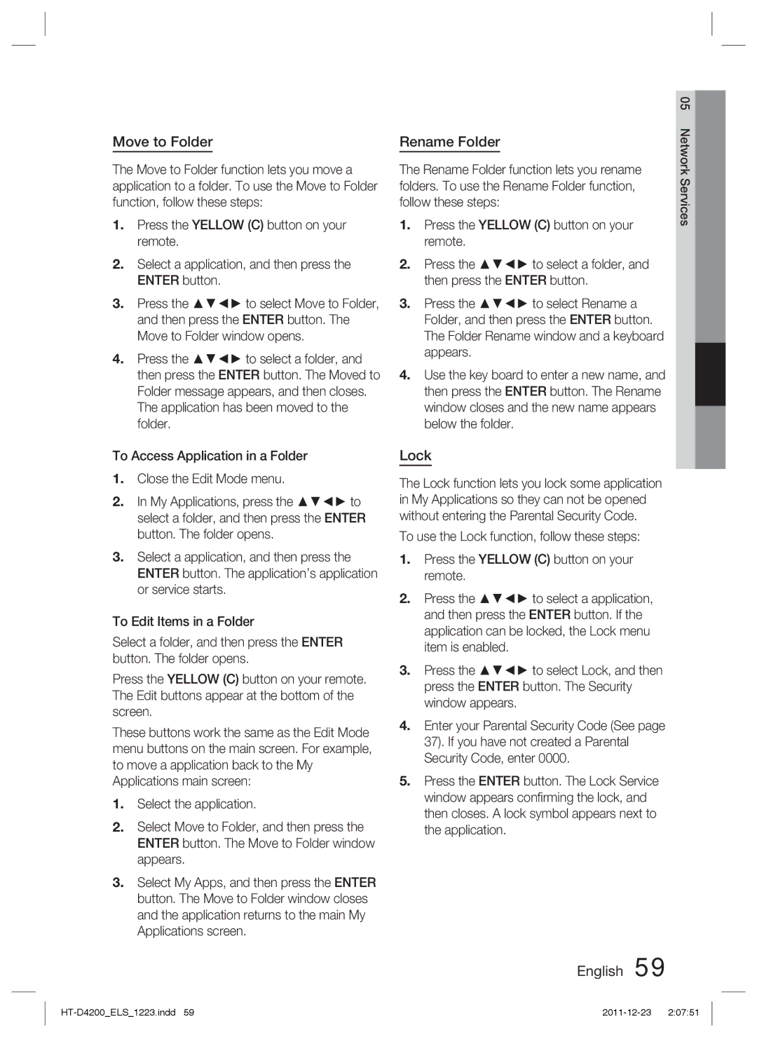 Samsung HT-D4200/XE, HT-D4200/XN, HT-D4200/EN, HT-D4200/ZF manual Move to Folder, Rename Folder, Lock 