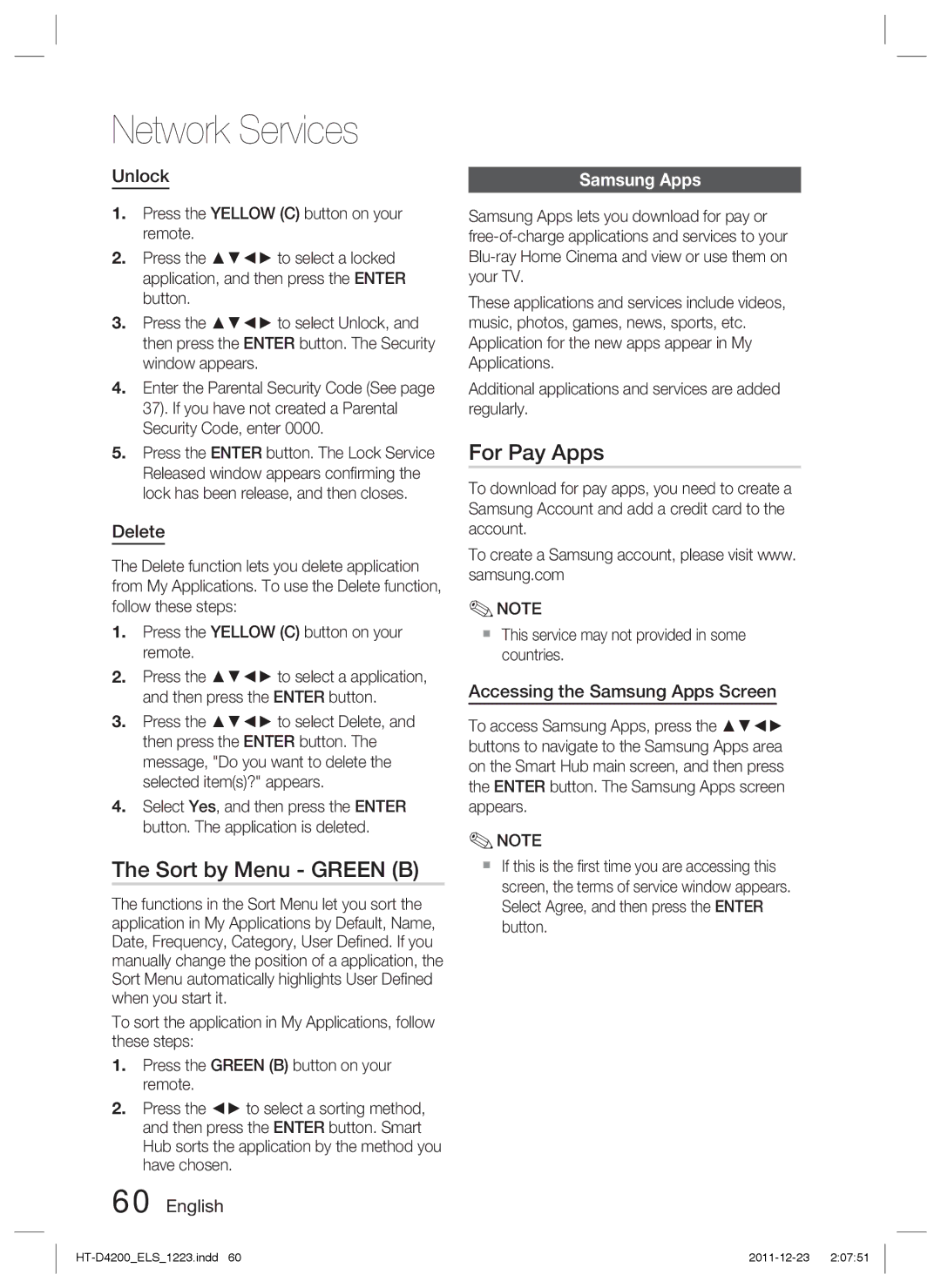 Samsung HT-D4200/XN, HT-D4200/EN, HT-D4200/ZF, HT-D4200/XE manual Sort by Menu Green B, For Pay Apps, Samsung Apps 