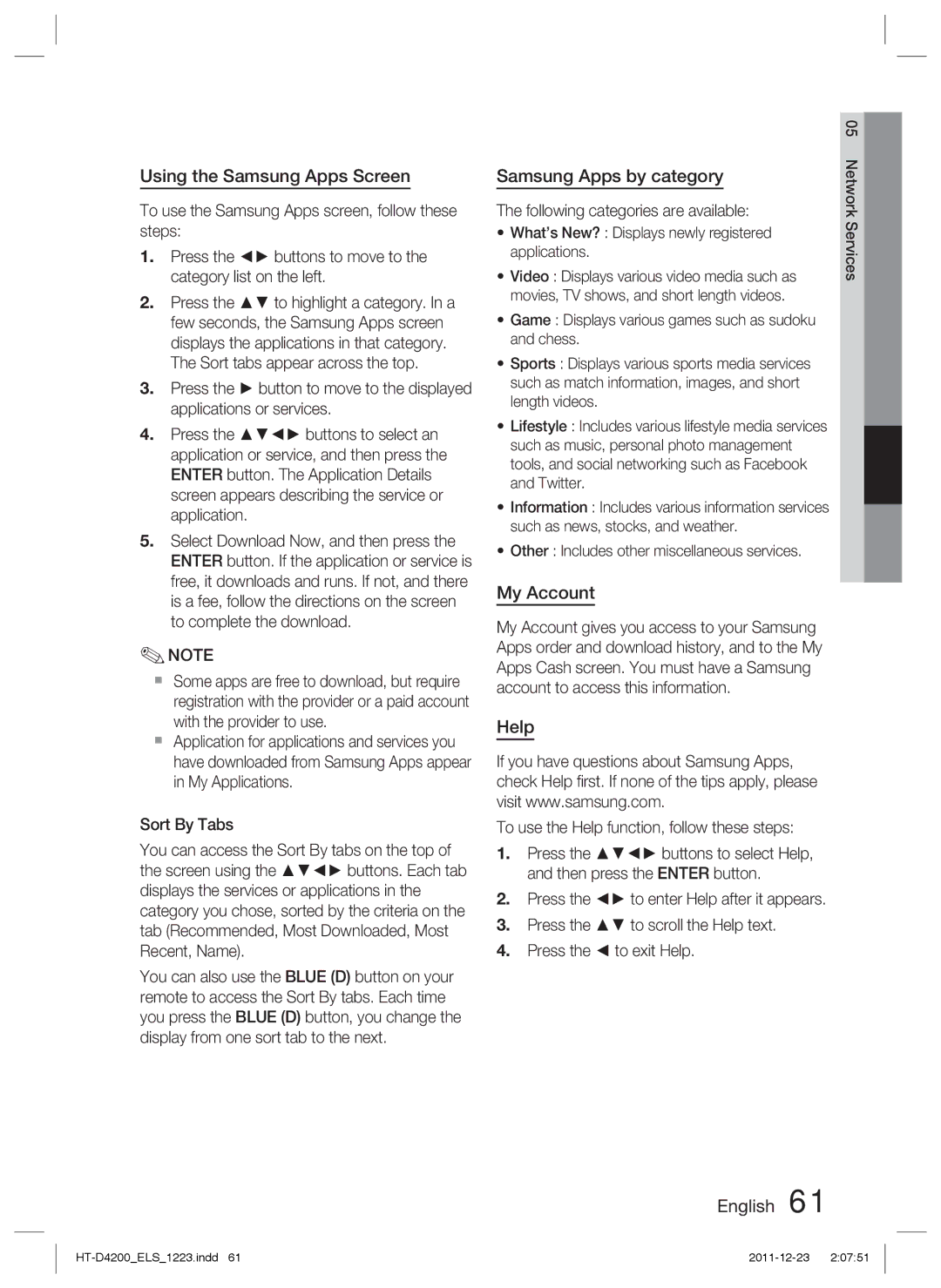 Samsung HT-D4200/EN, HT-D4200/XN, HT-D4200/ZF Using the Samsung Apps Screen, Samsung Apps by category, My Account, Help 