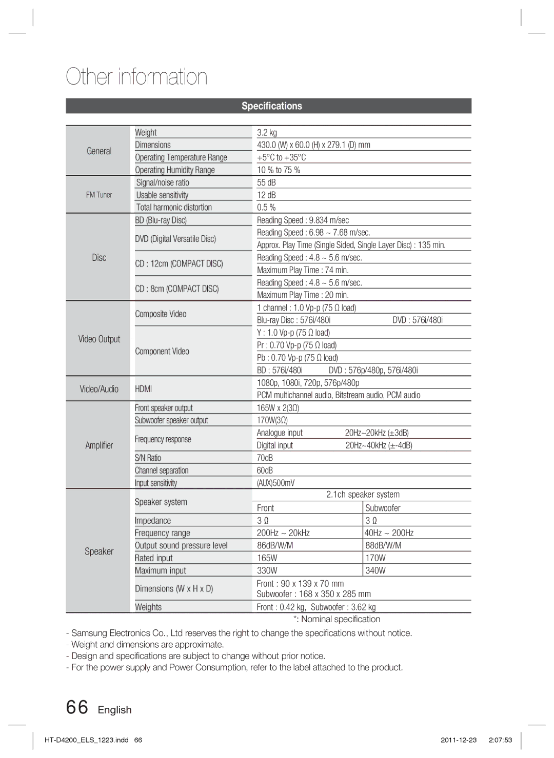 Samsung HT-D4200/ZF, HT-D4200/XN, HT-D4200/EN, HT-D4200/XE manual Speciﬁcations 