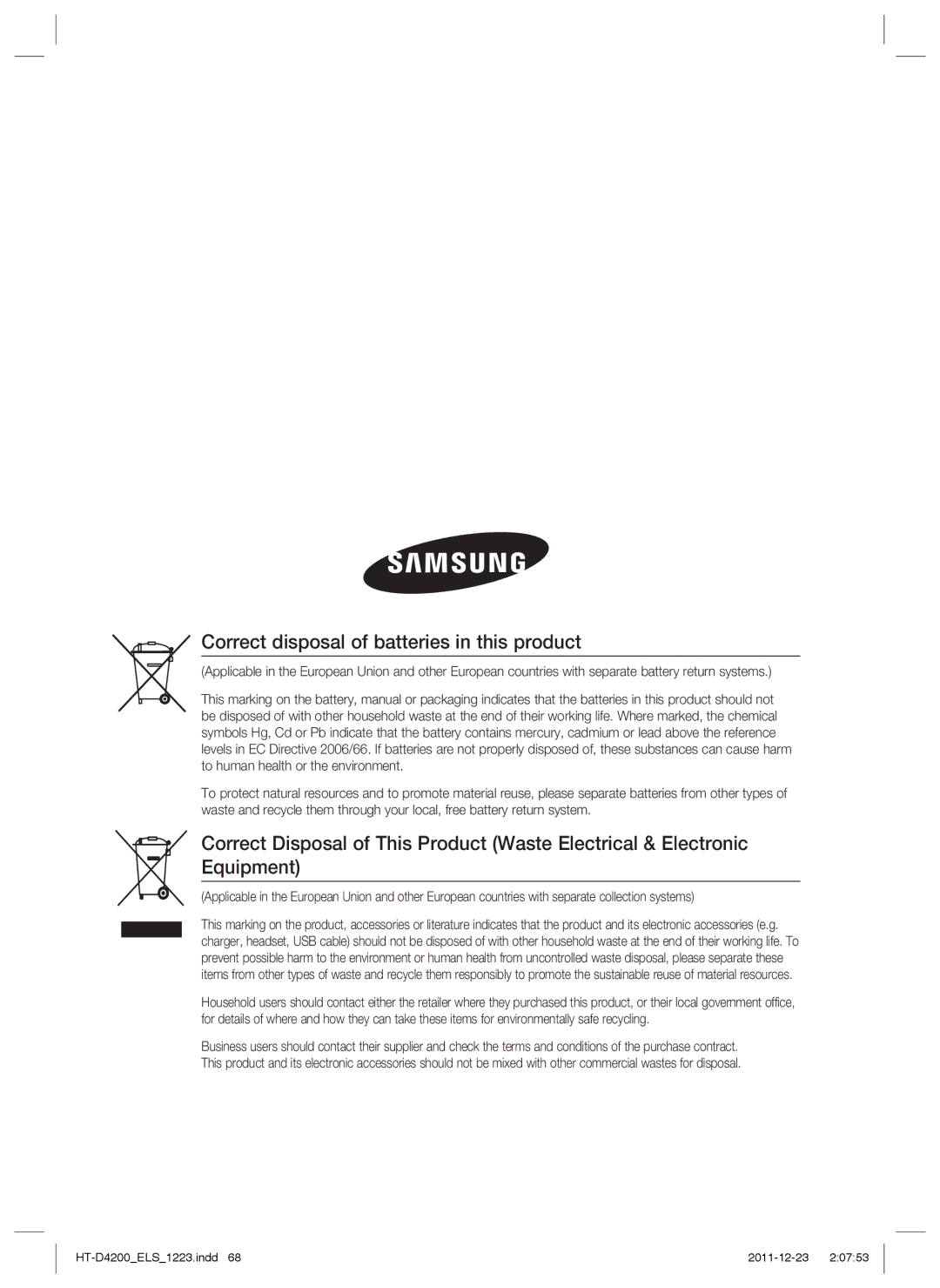 Samsung HT-D4200/XN, HT-D4200/EN, HT-D4200/ZF, HT-D4200/XE manual Correct disposal of batteries in this product 