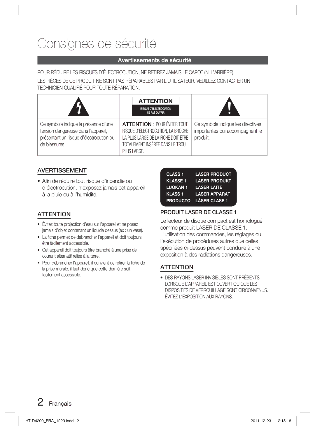 Samsung HT-D4200/ZF manual Consignes de sécurité, Avertissements de sécurité, Français, Plus Large, Produit Laser DE Classe 