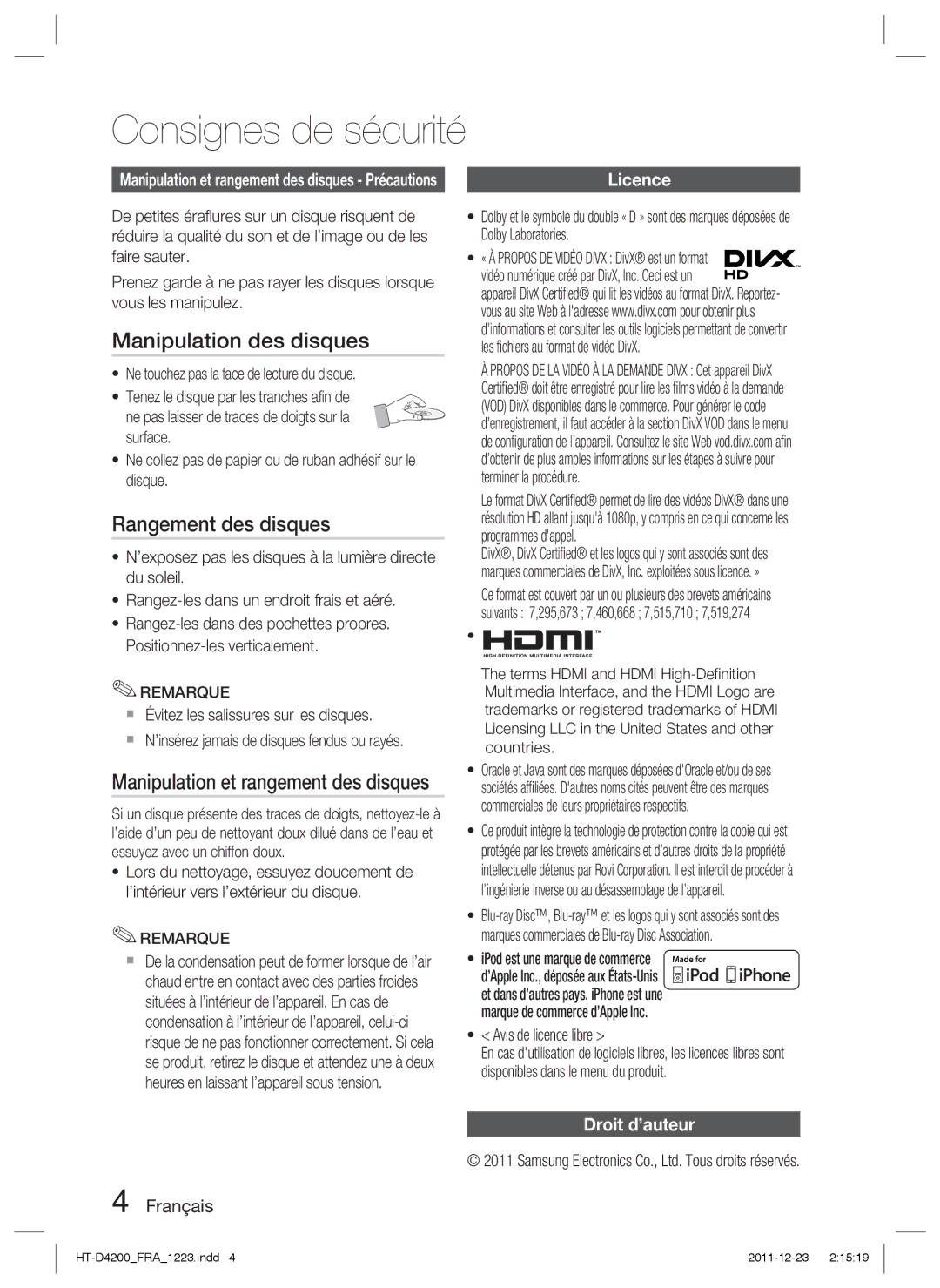 Samsung HT-D4200/XN Manipulation des disques, Rangement des disques, Manipulation et rangement des disques, Droit d’auteur 