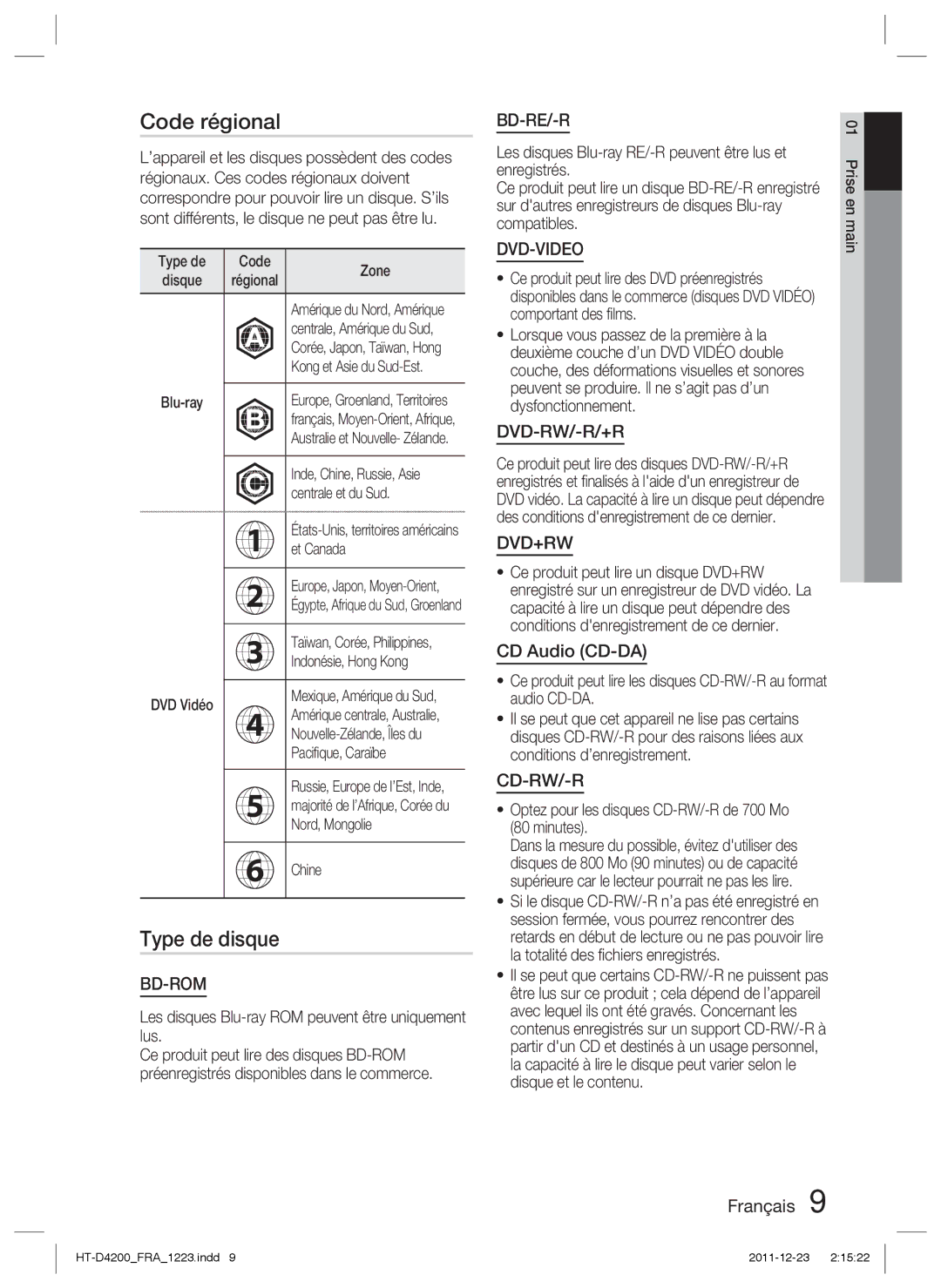 Samsung HT-D4200/EN, HT-D4200/XN, HT-D4200/ZF, HT-D4200/XE manual Code régional, Type de disque, CD Audio CD-DA 