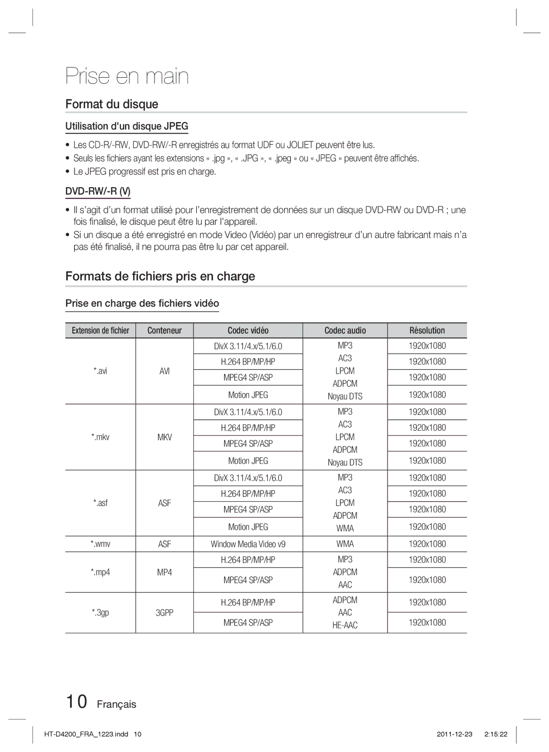 Samsung HT-D4200/ZF, HT-D4200/XN manual Format du disque, Formats de ﬁchiers pris en charge, Utilisation dun disque Jpeg 