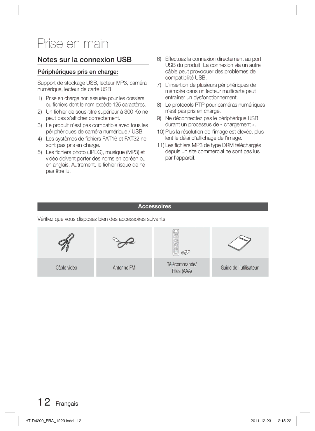 Samsung HT-D4200/XN, HT-D4200/EN, HT-D4200/ZF, HT-D4200/XE manual Périphériques pris en charge, Accessoires 