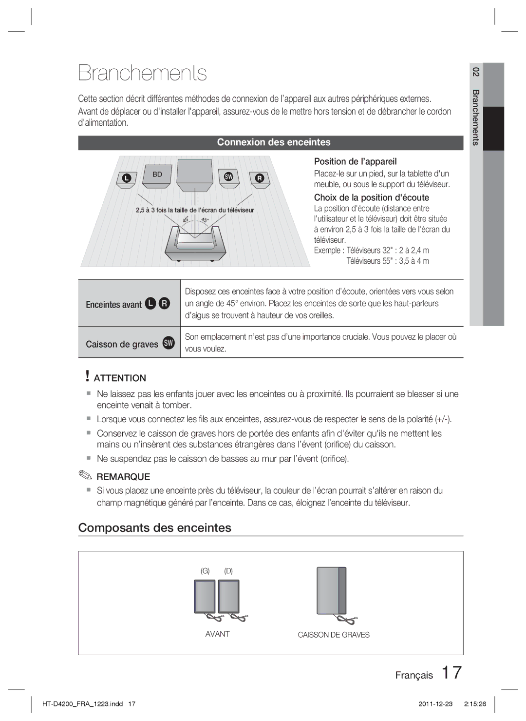 Samsung HT-D4200/EN, HT-D4200/XN, HT-D4200/ZF, HT-D4200/XE Branchements, Composants des enceintes, Connexion des enceintes 