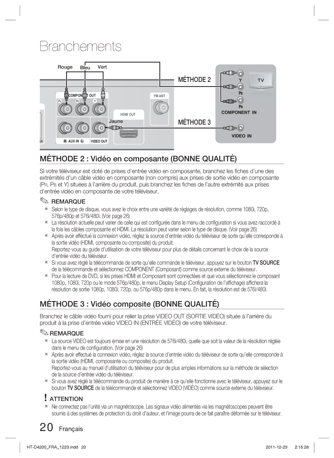 Samsung HT-D4200/XN, HT-D4200/EN manual Méthode 2 Vidéo en composante Bonne Qualité, Méthode 3 Vidéo composite Bonne Qualité 