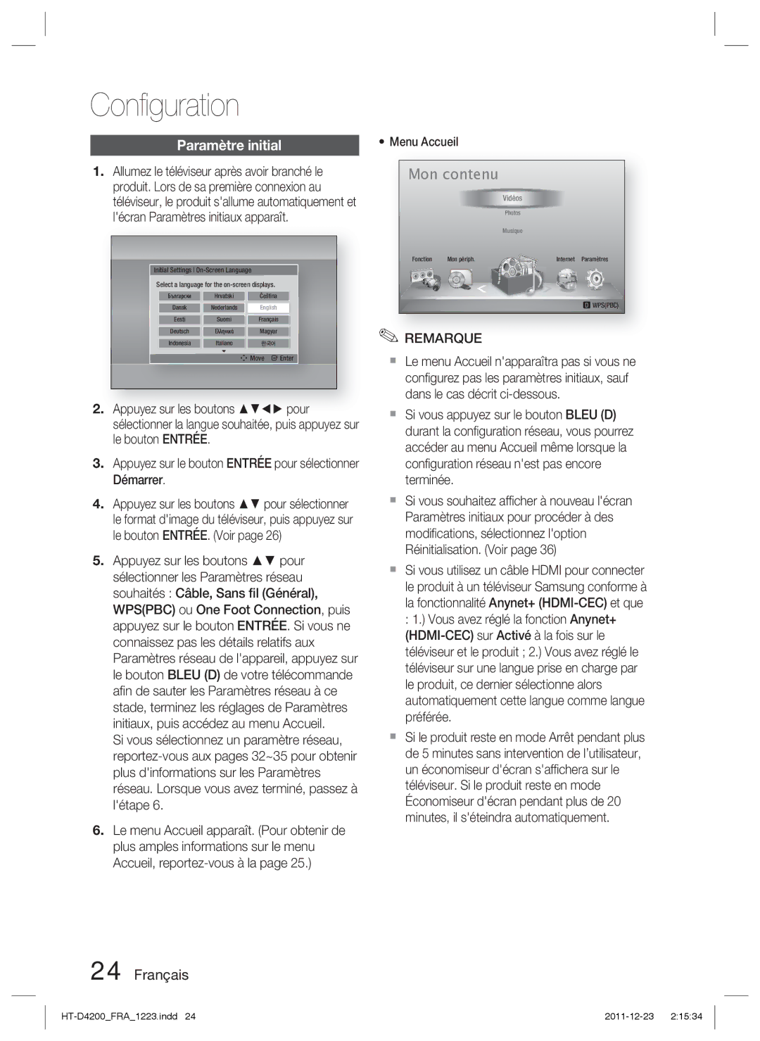 Samsung HT-D4200/XN, HT-D4200/EN, HT-D4200/ZF, HT-D4200/XE manual Conﬁguration, Paramètre initial 