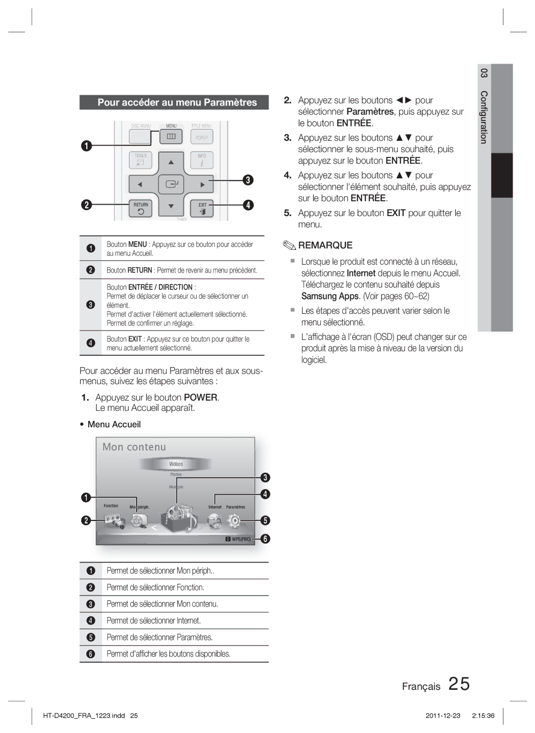 Samsung HT-D4200/EN, HT-D4200/XN, HT-D4200/ZF, HT-D4200/XE manual Pour accéder au menu Paramètres 