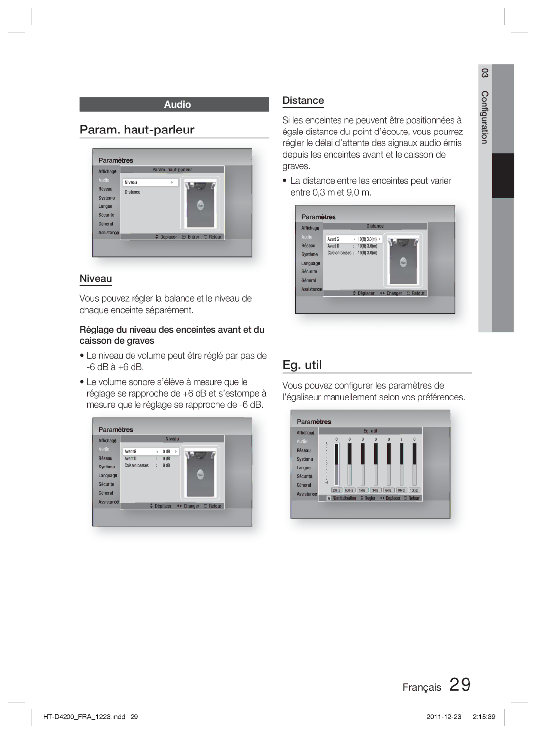 Samsung HT-D4200/EN, HT-D4200/XN, HT-D4200/ZF, HT-D4200/XE manual Param. haut-parleur, Eg. util, Niveau 