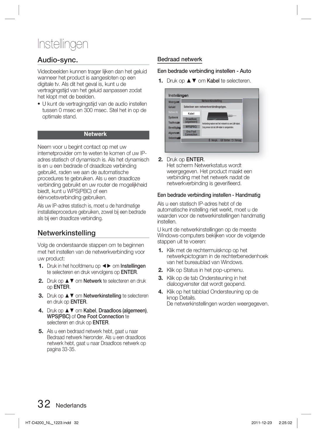 Samsung HT-D4200/EN, HT-D4200/XN, HT-D4200/ZF manual Audio-sync, Netwerkinstelling, Bedraad netwerk 