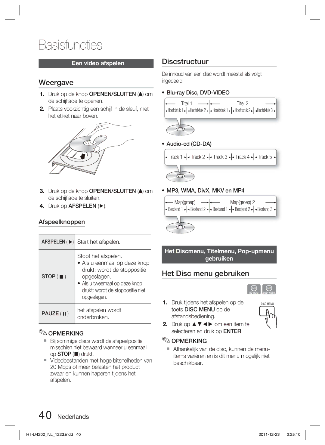 Samsung HT-D4200/XN, HT-D4200/EN, HT-D4200/ZF manual Basisfuncties, Weergave, Discstructuur, Het Disc menu gebruiken 