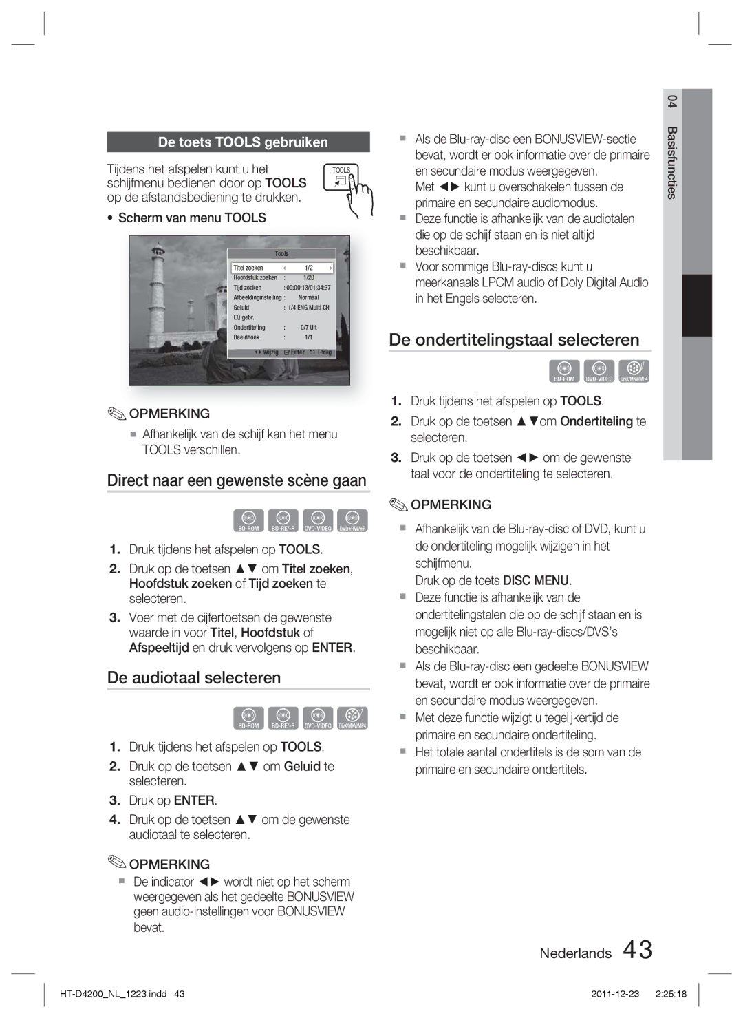 Samsung HT-D4200/XN, HT-D4200/EN manual De audiotaal selecteren, De ondertitelingstaal selecteren, De toets Tools gebruiken 