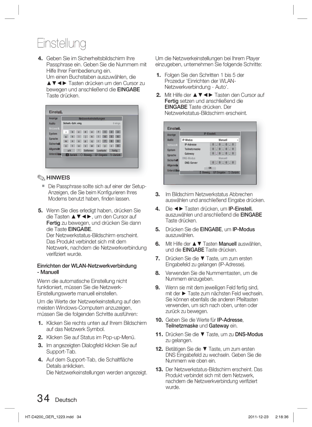 Samsung HT-D4200/ZF, HT-D4200/XN, HT-D4200/EN manual Hinweis, Verwenden Sie die Nummerntasten, um die Nummern einzugeben 