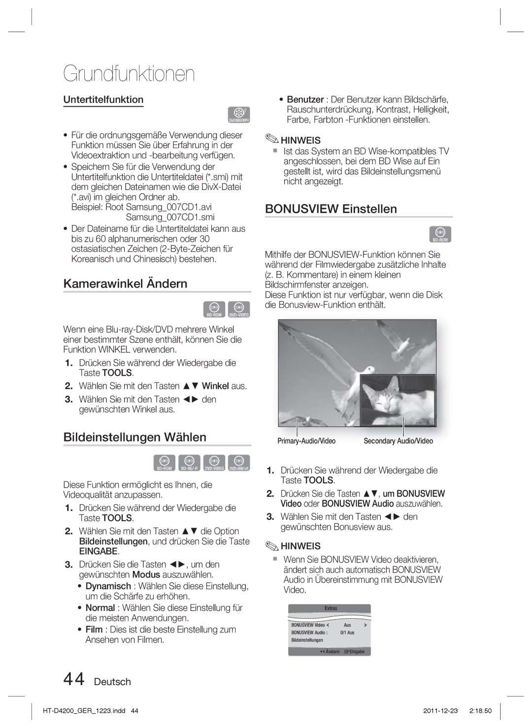 Samsung HT-D4200/XN, HT-D4200/EN Kamerawinkel Ändern, Bildeinstellungen Wählen, Bonusview Einstellen, Untertitelfunktion 