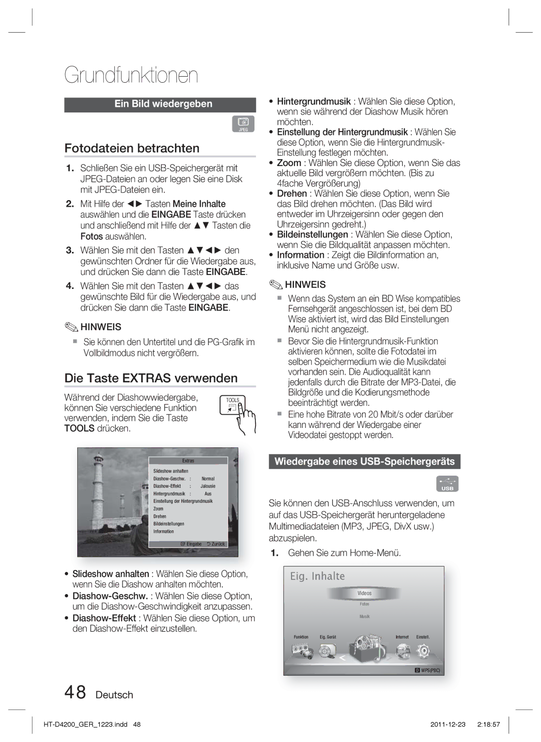 Samsung HT-D4200/EN, HT-D4200/XN, HT-D4200/ZF manual Fotodateien betrachten, Die Taste Extras verwenden, Ein Bild wiedergeben 