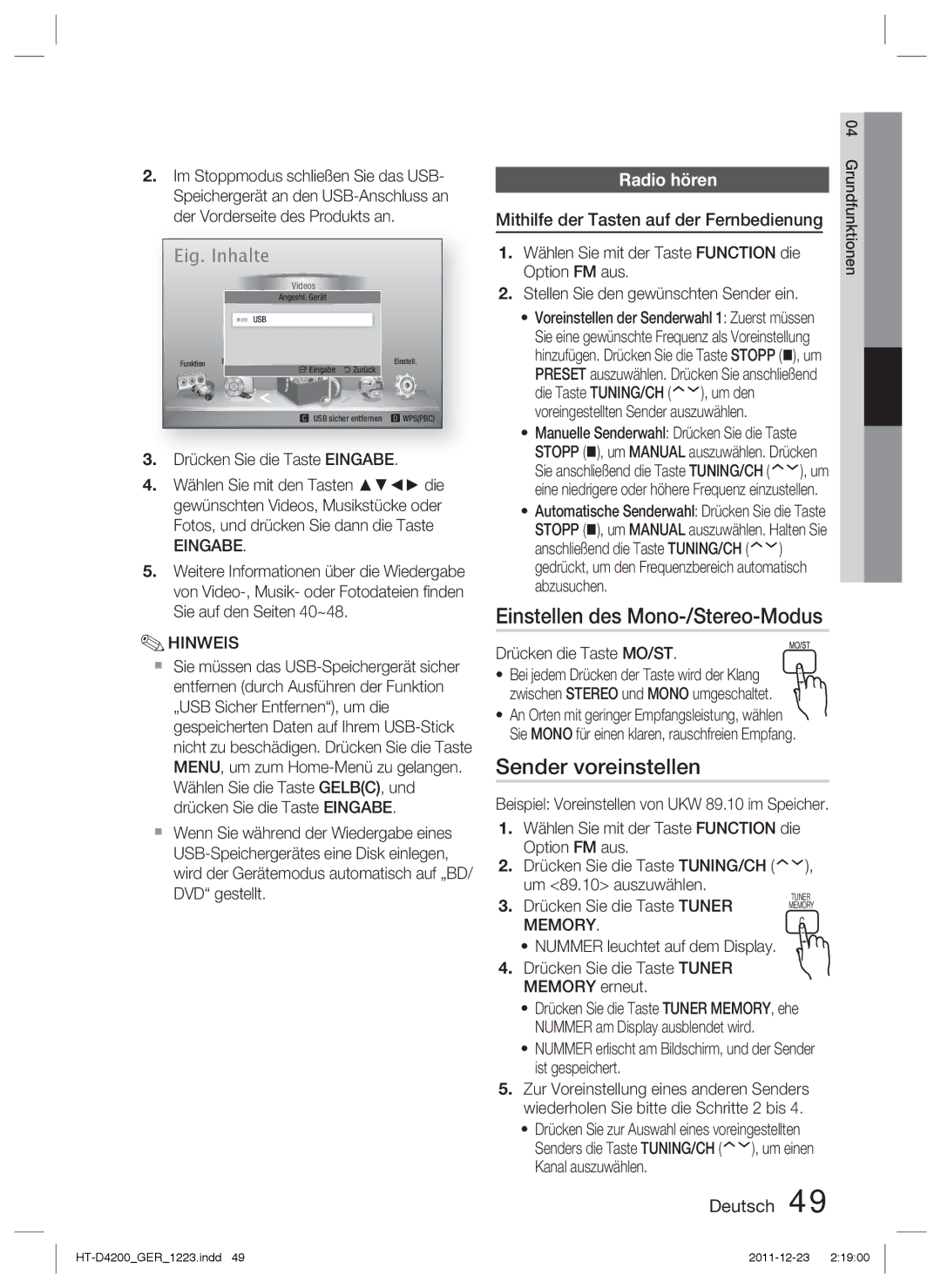 Samsung HT-D4200/ZF, HT-D4200/XN, HT-D4200/EN Einstellen des Mono-/Stereo-Modus, Sender voreinstellen, Radio hören, Memory 