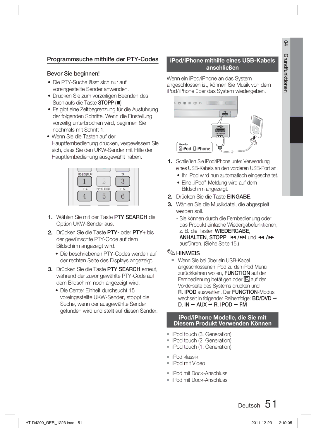 Samsung HT-D4200/EN manual Programmsuche mithilfe der PTY-Codes Bevor Sie beginnen, IPod/iPhone mithilfe eines USB-Kabels 