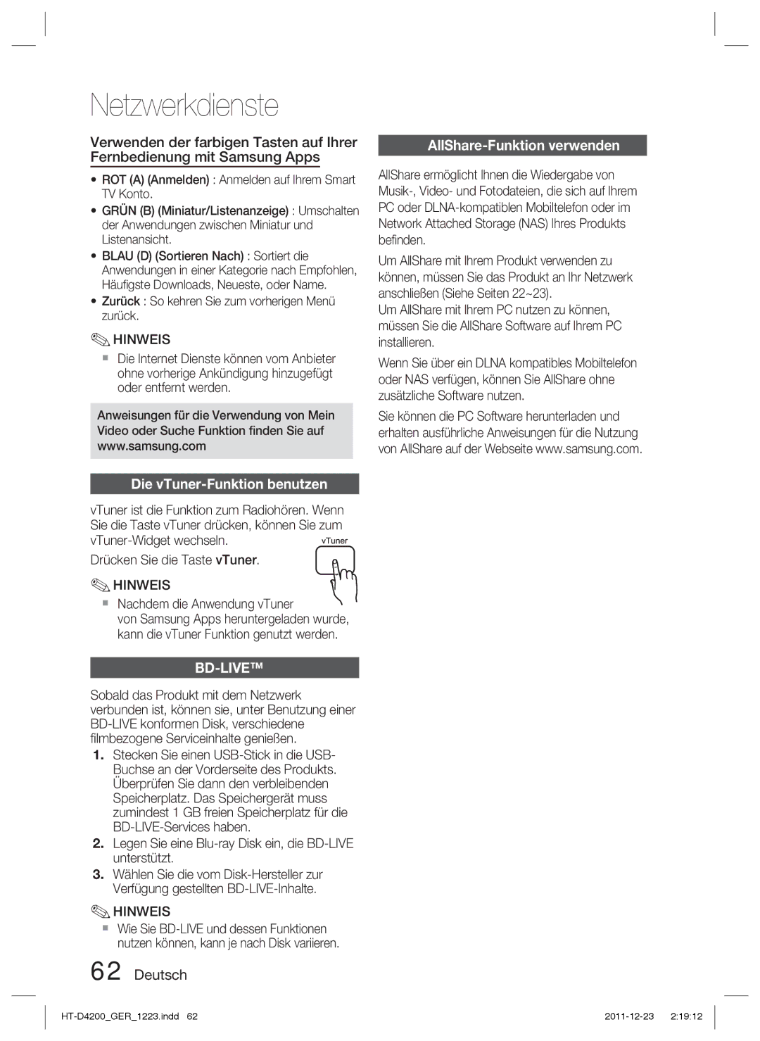 Samsung HT-D4200/XN, HT-D4200/EN Die vTuner-Funktion benutzen, AllShare-Funktion verwenden,  Nachdem die Anwendung vTuner 