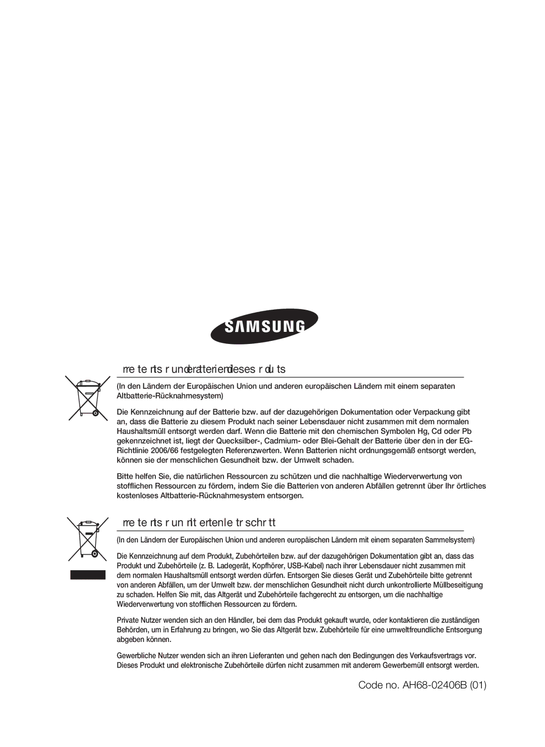 Samsung HT-D4200/EN Korrekte Entsorgung der Batterien dieses Produkts, Korrekte Entsorgung von Altgeräten Elektroschrott 