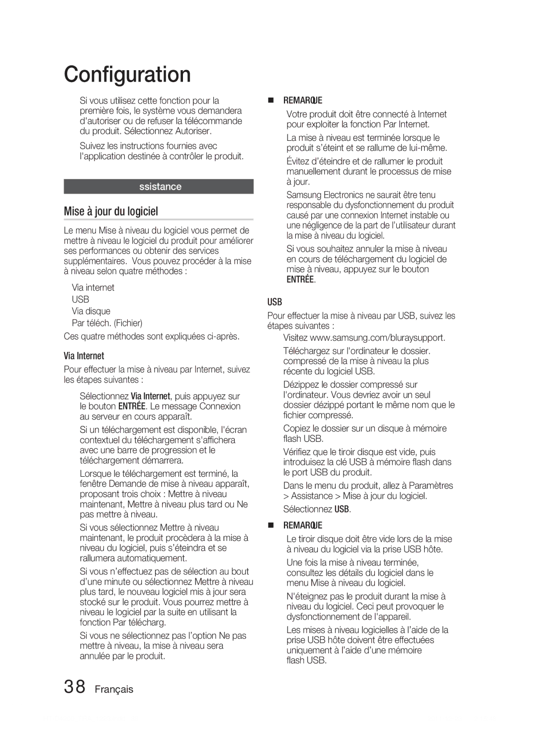 Samsung HT-D4200/ZF, HT-D4200/XN manual Mise à jour du logiciel, Assistance, Via Internet, Via internet, Sélectionnez USB 