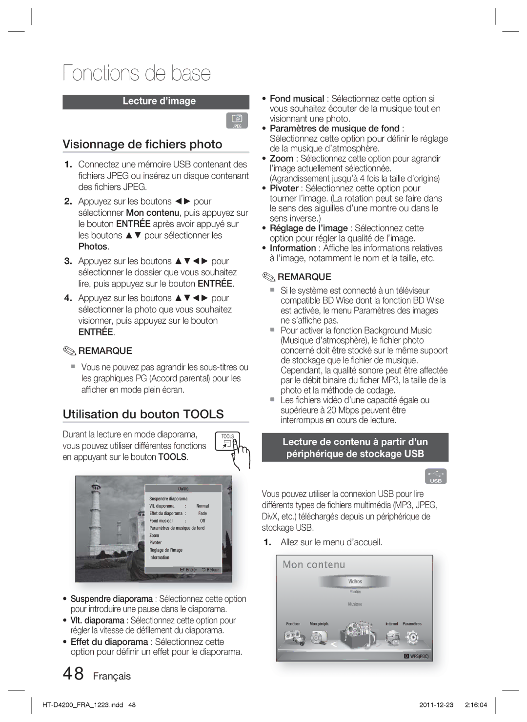 Samsung HT-D4200/XN, HT-D4200/EN, HT-D4200/ZF Visionnage de ﬁchiers photo, Utilisation du bouton Tools, Lecture d’image 