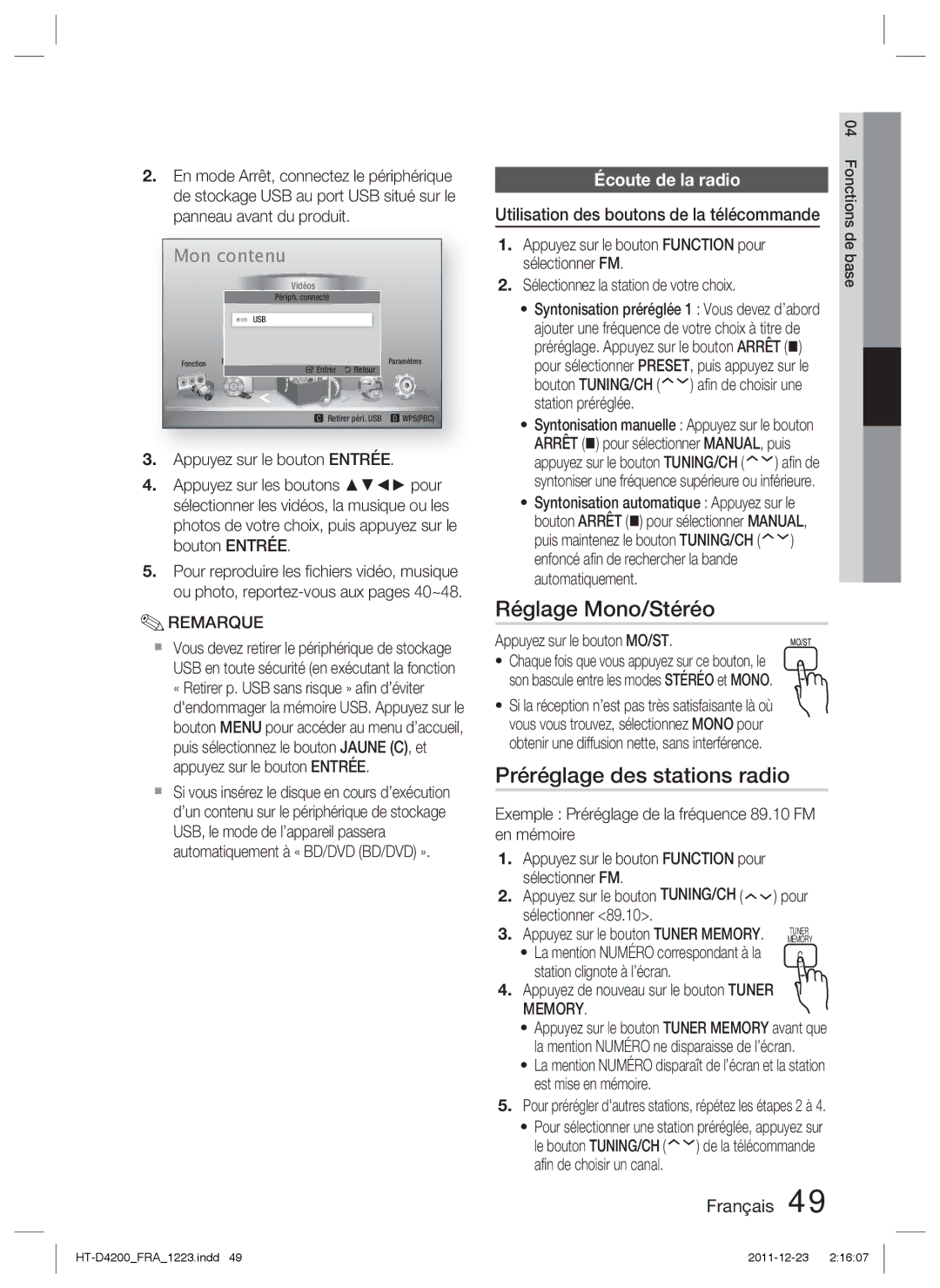 Samsung HT-D4200/EN, HT-D4200/XN, HT-D4200/ZF manual Réglage Mono/Stéréo, Préréglage des stations radio, Écoute de la radio 